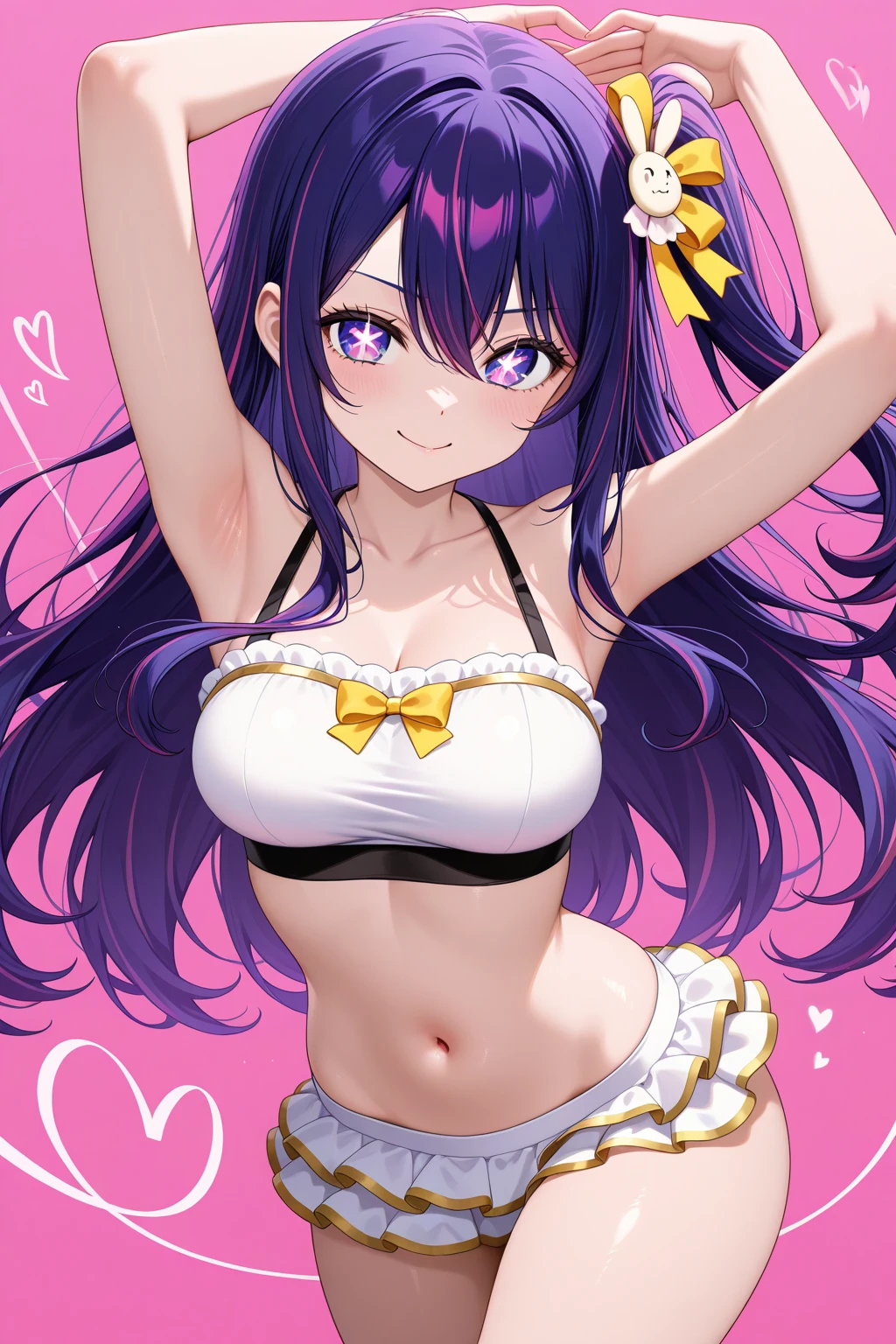 1girl, Hoshino Ai, Long hair, purple hair, Streaked Hair ,violet eyes, star-shaped pupils, hair ornament, (tmasterpiece), (beste-Qualit), (overdetalization),(messy  hair),(illustartion), (a 1girl), stands, Model, looks at the viewer, (interview), (Simple background), beautiful detail eyes, Gentle beautiful face, soaring, (high saturation), (Colorful splashes), Colorful Bubble, (radiance), facial focus, (radiance), better lighting, better shadow, (tmasterpiece, hiquality, beste-Qualit), Happy, super happy, big ??????, sports bra, ????, hot, big ??????, cleavage , summer outfit, ??????, swim suit