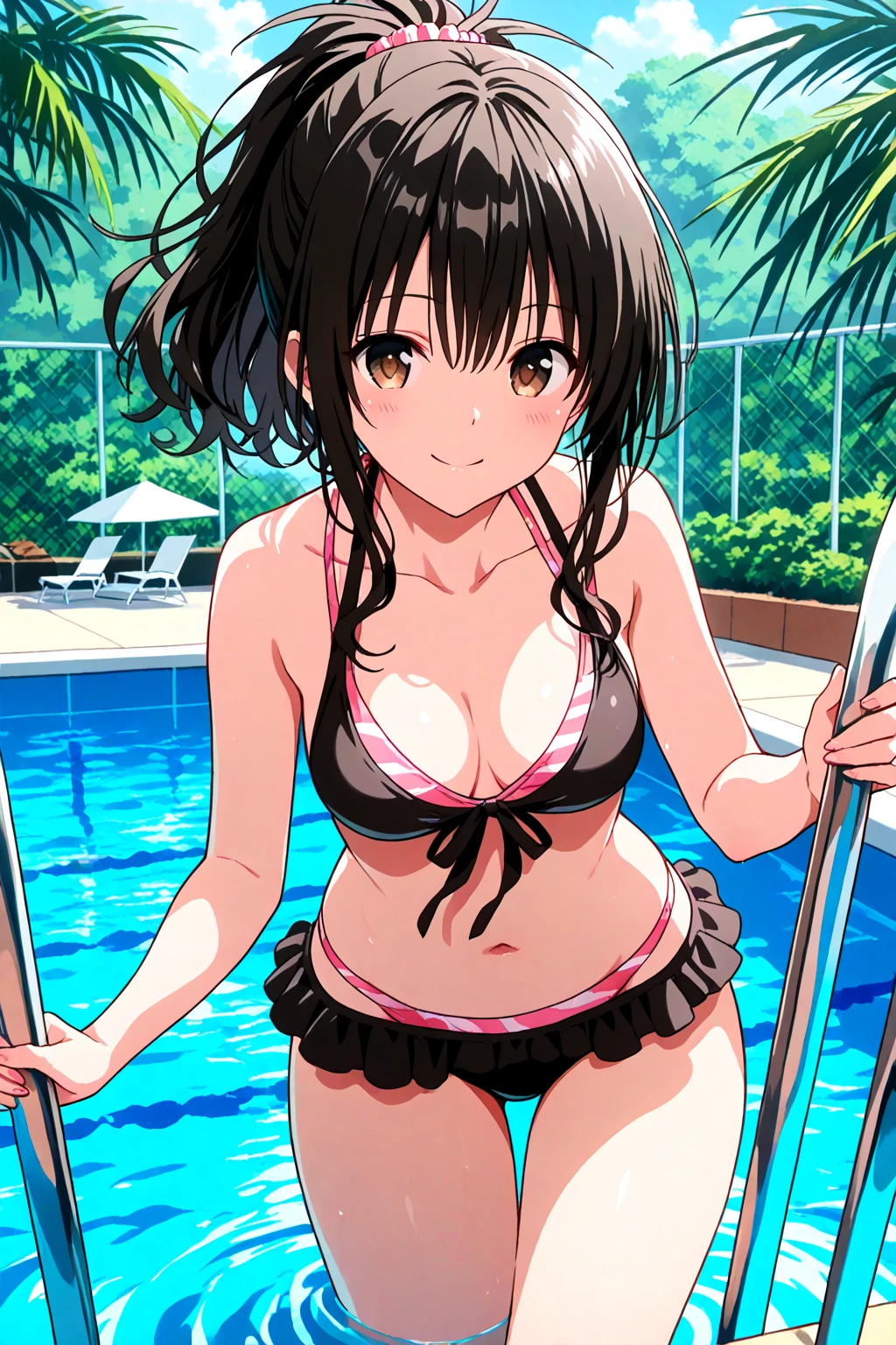 masterpiece, best quality, high quality, extremely detailed, very delicate and beautiful, (1 female 18 years old solo:1.3), (long black hair up to waist with two side up:1.4), bangs to eyebrows, eyes (eyes sharp, strong glossy glossy eyes, eyebrows glossy, (eye color magenta:1.3), 6.5 head height, (bikini swimsuit with summer flower print:1.3), (standing), (dynamic pose), (background summer river and forest:1.3), (blue sky)