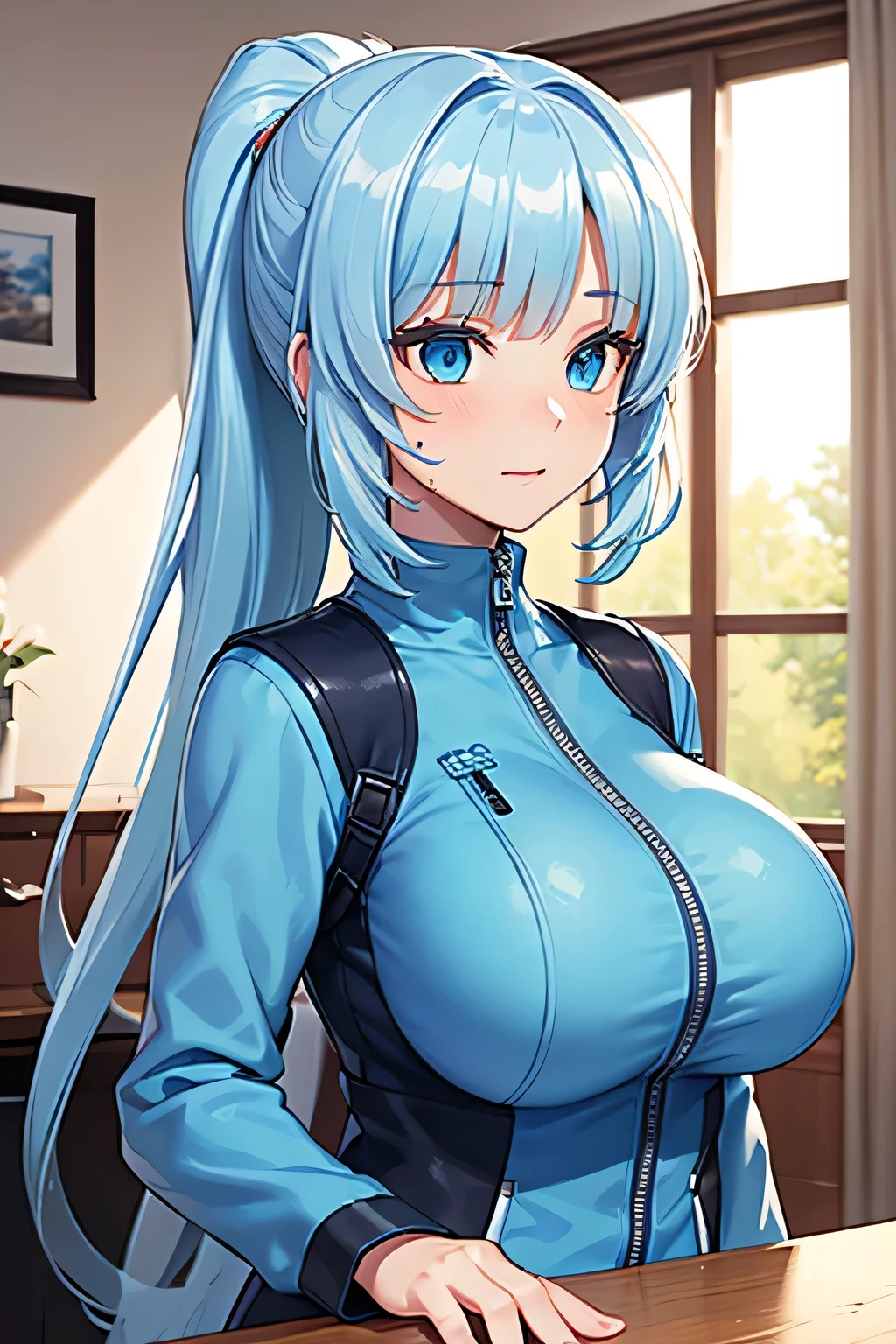 An anime-style artwork depicting ruan mei from the game Honkai star rail.

Tags: ruan mei, anime, detailed eyes, detailed lips, crop top, turtleneck, pencil skirt, smiling expression, intense gaze, glowing emblem on hand, dynamic pose, mystical background, vibrant colors, digital art, high-resolution, professional quality, gigantic breasts, (underboob : 1.4), curvy, cowboy shot, (gigantic breasts: 1.4), (blue eyes: 1.4), (light blue hair: 1.6)