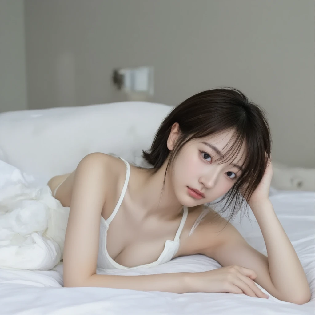 The woman lies on the bed，Exquisite facial features，Perfect body，Penetrating bra top, Tong，short detailed hair:1.8，Silver hair：1.8，Plump ???，crisp ???????， Rounded ???，Model with attractive body,,???? body, ???? ?????, Shot on a Canon EOS R5,