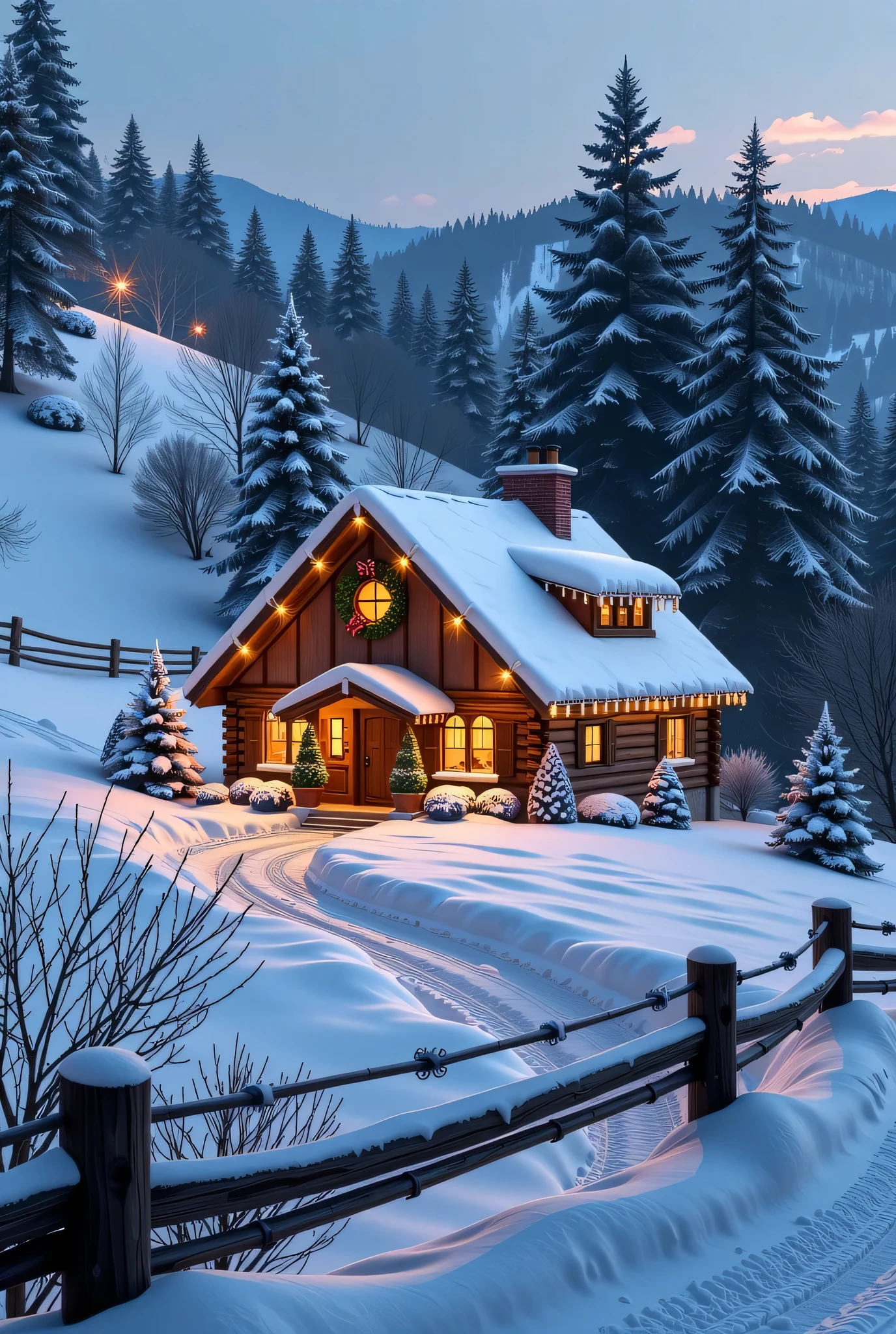 Christmas, lots of snow, rural aesthetic.