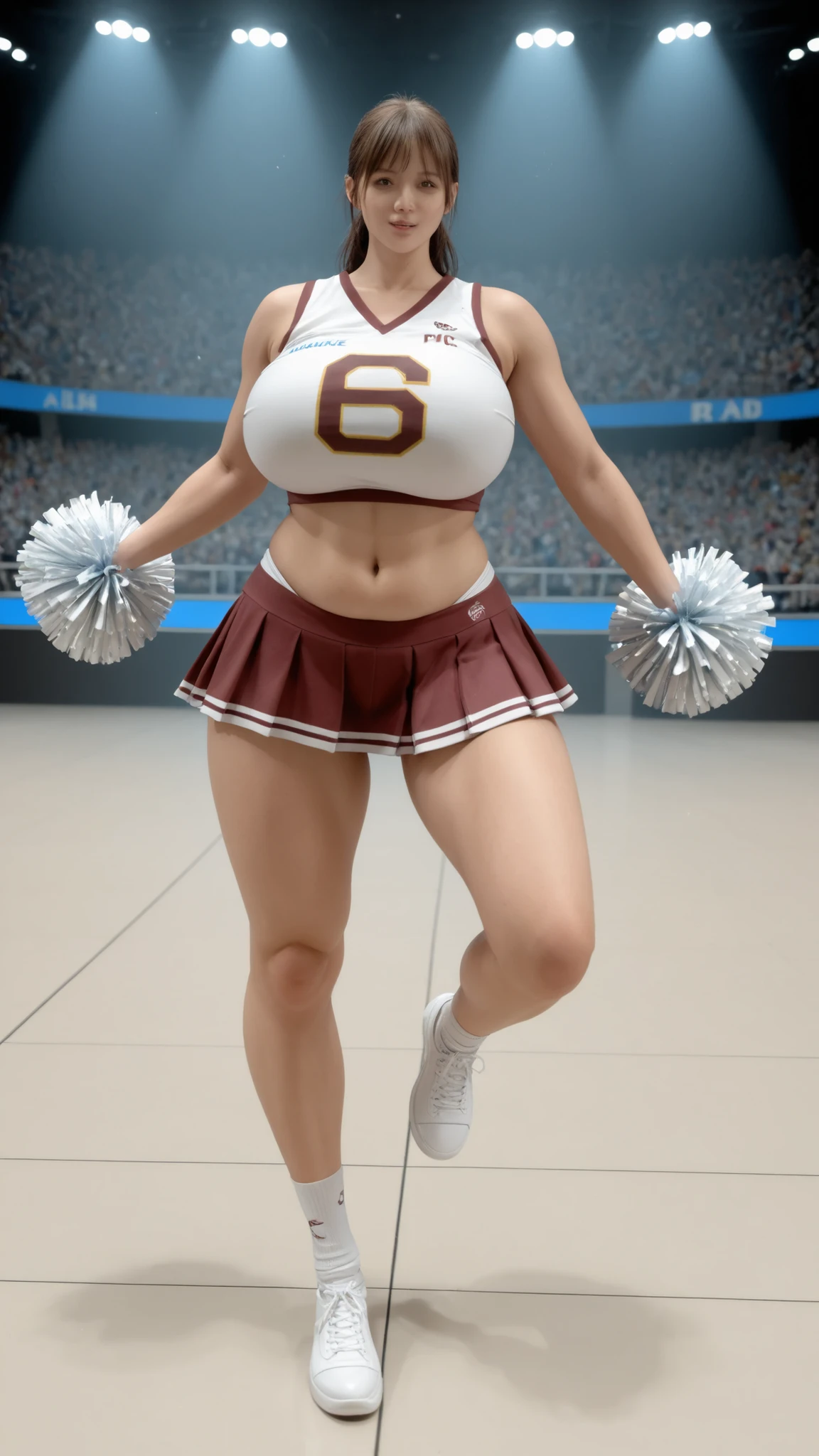 Anime girl figure, highly detailed PVC figure, professional studio photography, realistic paint texture, smooth glossy plastic parts, sharp focus, narrow depth of field.
((Sagging gigantic breasts)), ((close up)), large emphasized bust, full hips, thick thighs.
Energetic high jump kick pose, dynamic movement, alluring expression.
Emphasis on: Expression, pose, costume, staging, angle, details, information density, sexuality, lighting, realistic texture, originality, high-resolution.Red and white cheer uniform, sleeveless top, very short crop top, navel exposure, highly detailed pleated mini skirt, flowing skirt.
The fabric has a realistic texture: (glossy spandex material), tight fit, realistic sweat sheen on skin texture.
Red and white pom-poms, ribbon details, bold graphic patterns on the uniform, glossy paint finish.Stadium floor background, strong spotlight and stage lighting, dramatic atmosphere, crowd bokeh.
(Volumetric studio lighting), deep shadows, vibrant colors, dynamic atmosphere of a competition.(PVC figure style, not real human photo), (not illustration, highly realistic 3D render look).
Masterpiece, professional collectible figure advertisement photo, museum quality.
