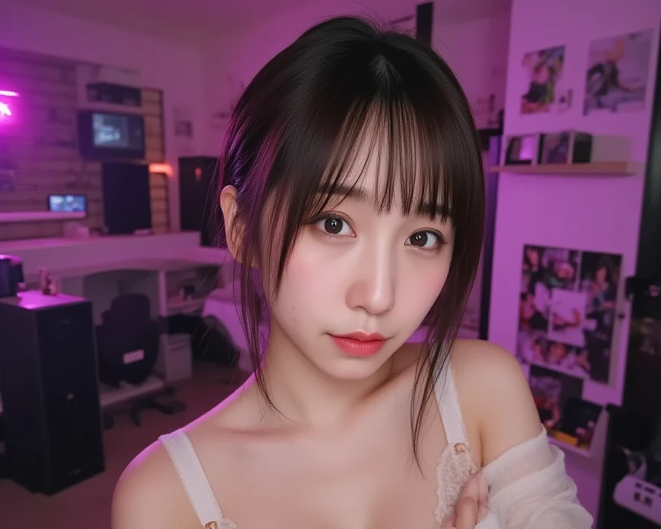 pastel colors t-shirt,off-shoulder look, shoulder,ollarbone,midriff peek,string ,(open mouth:1.5),(tongue out:2),lying,Selfie,front view,upper body,(1girl,Beautiful 14 year old girl),((Slender,Small breasts,Small face,)),(looking at viewer),Black Hair,bangs,one side up,Beautiful and detailed,(Dimly lit room:1.5),Simple Background,White bed,pillow,Mischievous smile