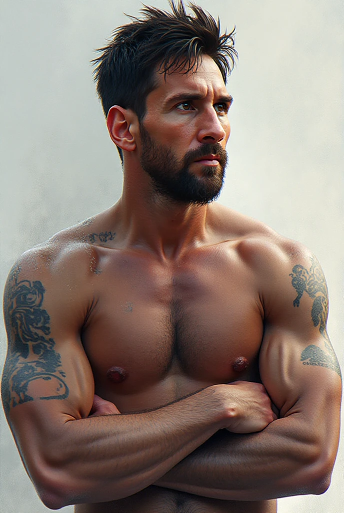 sexy Muscled man 35 years old, WITH  HAIR, BLACK short HAIR, BLEU EYES, , HAIRY CHEST, WEARING JEANS, FULL BODY, standing up, full body, tattoo on one arm and shoulder leather , , NEUTRAL BACKGROUND