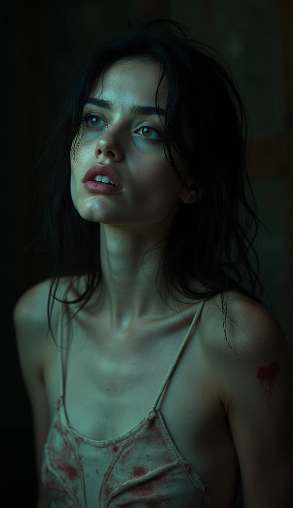 A really hot girl obsessed with the viewer, showing her hot body only covered by her extremely long black hair, while looking up at the viewer with a begging and obsessed expression, she is kneeling in a cell at an asylum, her black hair is styled. Her skin is pale white and wearing dark eye shadow. Her intense blue eyes are glowing very brightly. Hyper realism, 16k, 4x upscale, The image is highly detailed, showcasing the texture of her dress and the sharpness of her features. Shot with a Nikon Z7 II, 85mm f/1.8 lens, vibrant yet natural color palette. they are very and . She is seen from above looking up at the viewer with an open mouth. Her skin is oily and dirty.