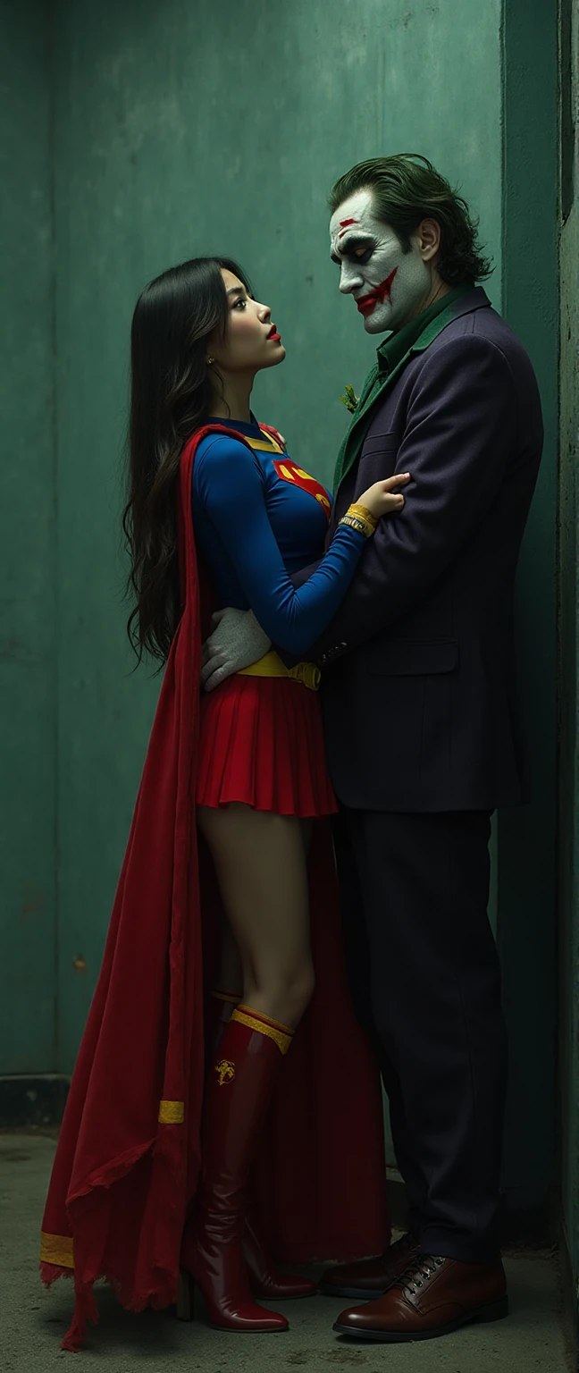 Trem lotado, supergirl loira sexy,  handsome man holding her  and talking in her ear, Elevation-a, mini red skirt swinging up, 40k, fotografia, obra-prima da Supergirl loira e bela, melhor qualidade, fundo cinza escuro, (1supergirl olhos bem azuis e cabelos loiros logo enrolados com pernas abertas), seios grandes perna totalmente aberta, (round swinging sexy : 1.3), (camisa branca aberta:  1.3), young man leaning against her  picking her up, Poses variadas. Wearing super heroine costume. um bonito, Man held her .