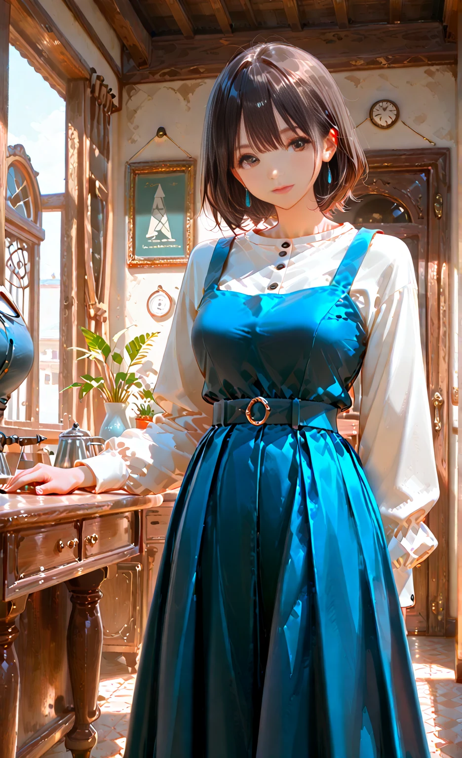 ((masterpiece)), ((best quality)), ((ultra detailed)), ((kawaii)), cute, (lovely), ((extremely detailed)), ((8K)), (beautiful), full body, luxury room, a cute girl, 1girl, solo, blue mini camisole dress,beautiful light brown hair, ((detailed beautiful brown eyes)), white-skinned, flat , tiny , garter belt,(garter stockings:1.4),pink eyeshadow