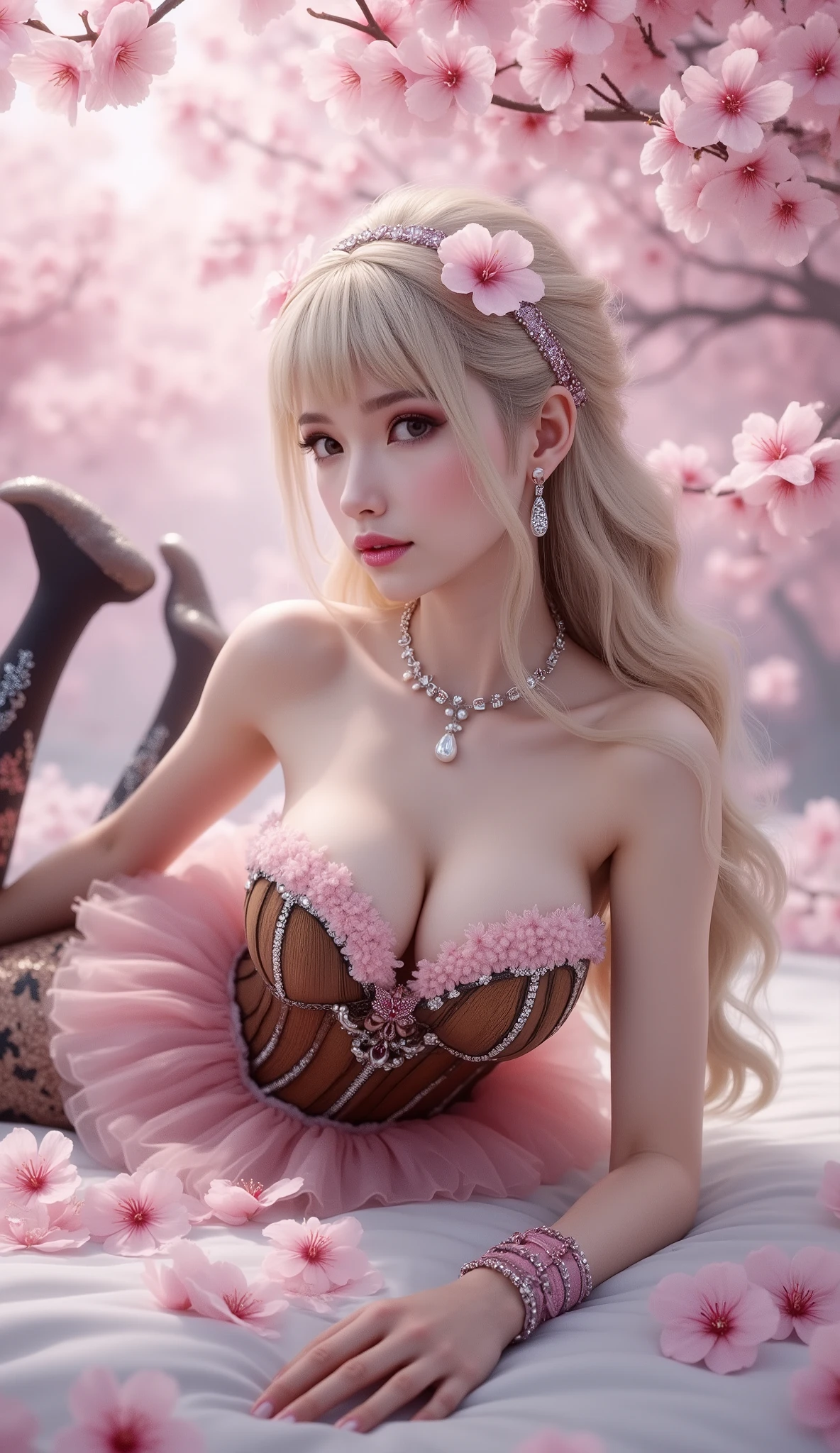 A charming young woman with fair skin, a muscular, veiny body, and long, wavy blonde hair prone seductively on her stomach on a bed amidst a beautiful field of cherry blossoms. Her hair is adorned with soft pink cherry blossoms and a sparkling headband. She wears a revealing, strapless corset with a wood motif, adorned with sparkling sparkles and minimal diamond embellishments around the chest and waist. The tight corset accentuates her ample, veiny cleavage. Her outfit is complemented by a pink ruffled miniskirt and glittering black latex thigh-high stockings embroidered with red and silver gems. A delicate pearl and diamond necklace with a teardrop pendant adorns her neck, matching her sparkling earrings. Her lips are a bright fuchsia color, contrasting with her soft eye makeup. The background is the soft pink of cherry blossoms, depicting a tranquil and enchanting spring day.