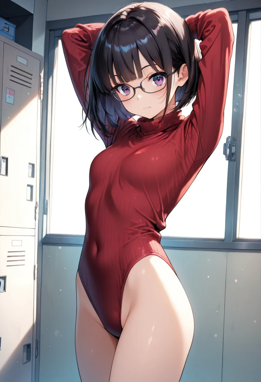 highquality illustration, masterpiece, very delicate and beautiful, solo, attractive girl,red leotard,ribbed leotard,heattech leotard,tight leotard,long_sleeve leotard,purple hear,short hear, audience reactions,thin,slender body,slim,high school,locker room,eye wear, 