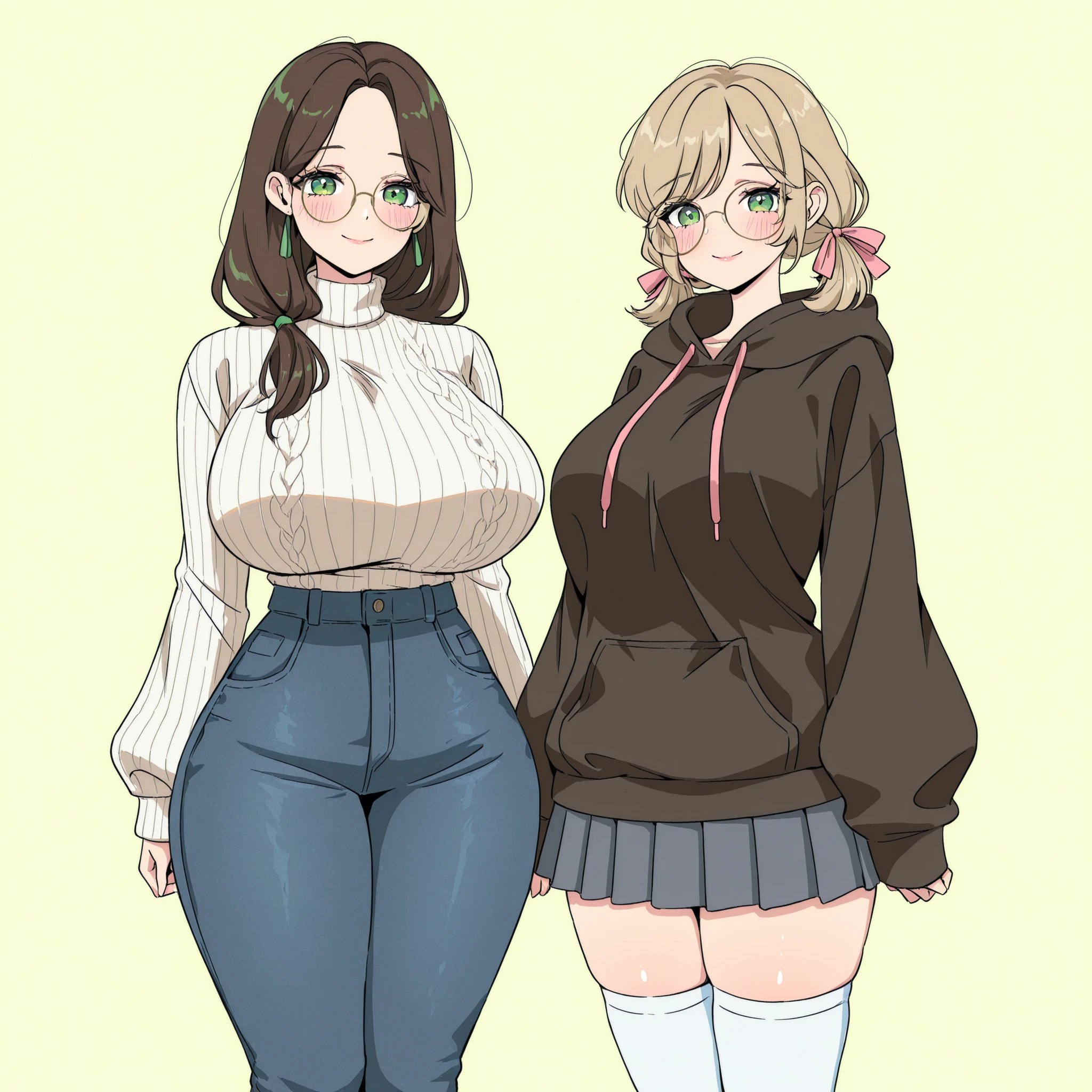 masterpiece, ultra-HD, impressionism, high detail, best quality, very aesthetic, 8K, best quality, beautiful, ultra-high resolution, 32K UHD, sharp focus, 2woman, duo, mature woman: long hair, brown hair, straight hair, low ponytail, parted bangs, green eyes, eyelashes, almond-shaped eyes, black eyeliner, pink full lips, mature woman, huge breasts, narrow waist, wide hips, thick thighs, shapely legs, slim, white ribbed turtleneck baggy sweater, baggy sweater, skinny jeans, blush, smile, cute, girl: short hair, ash-blonde hair, middle bangs, pigtails, straight hair, hair ribbons, pink ribbons, green eyes, eyelashes, huge breasts, narrow waist, wide hips, thick thighs, shapely legs, slim, big round glasses, black baggy hoodie, gray pleated skirt, white thigh high socks, blush, shy, smile, cute, standing, looking at viewer, simple background, front view