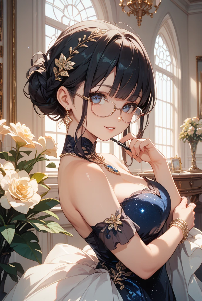 ((best quality)), ((masterpiece)),A man (Detailed face and eyes), Perfect face, precise, Textured Skin, High Detail, high resolution, Ruffian Student, A gentleman with a dark side, Wearing a white suit, Gold-rimmed glasses, short hair, , White skin, Have a tattoo, Sit on the bedroom bed, Half Body