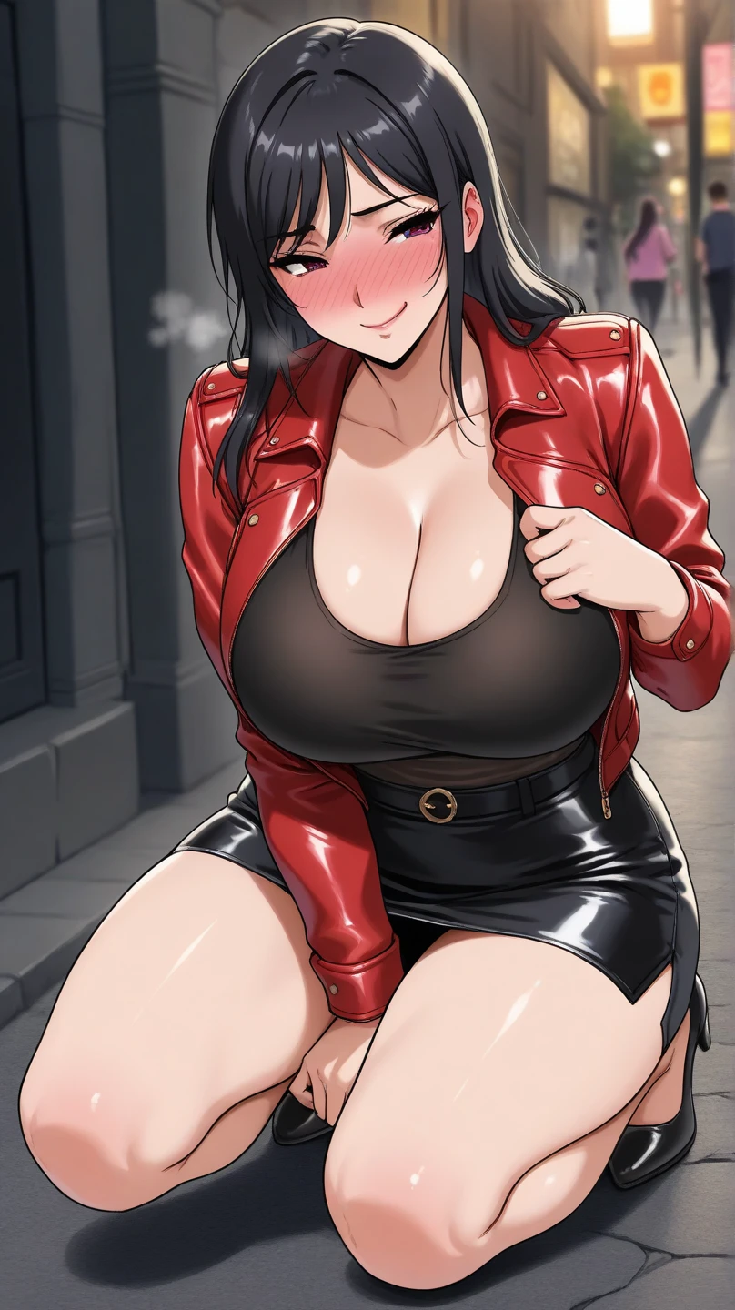 masterpiece, best quality, ultra high res, ultra-detailed, beautiful face, outside a parking, night, beautiful night city landscape, 1 girl, slut, black hair, teal eyes, hairband, glasses, red gloss lipstick, black eyeliner, hairy pubic hair, (gigantic ???? and giant cleavage: 1.5), soggy, (open leather black jacket, ??????, red straight mini skirt, black fishnet tights, black boots: 1.2), innocent looking, ?????? ????? face, ????, wet body, ??????? with open mouth and her tongue out dripping saliva, sitting on a bench, ?????????????????? wide open, squirting lots of ???, she has ??? with an old man