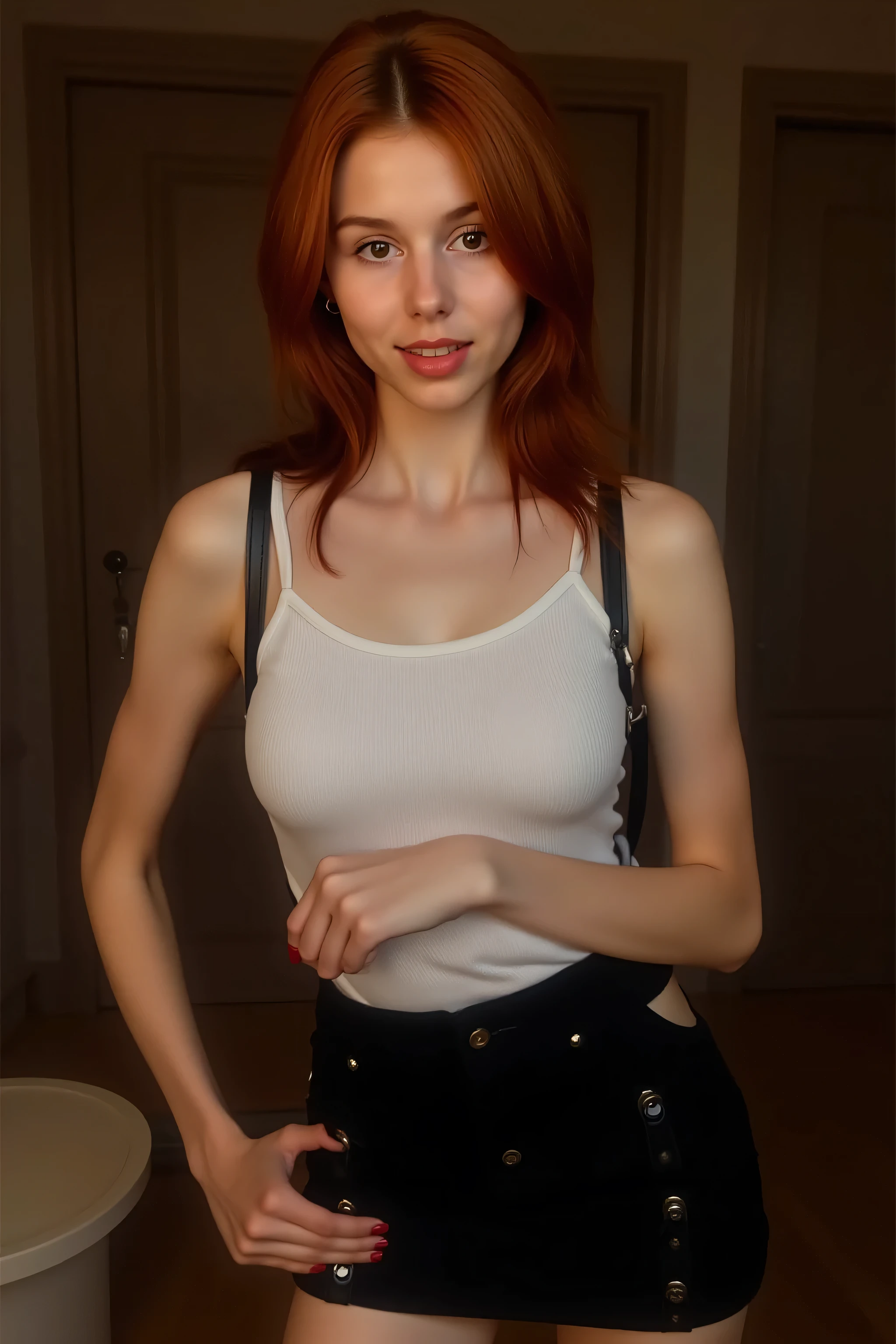A photorealistic picture shows a woman of around 25 years of age with a slim build and elegant posture. She has copper-colored, rotbraunes Haar, which falls smoothly and slightly shiny over her shoulders. Her face is finely cut with pale skin and a confident expression, which is subtly emphasized by a light, smile and clear, green or gray eyes are emphasized.
The woman is wearing a tight-fitting, simple white top, das figurbetont ist, as well as a short black skirt, which is held by two narrow leather straps, which appear subtly emphasized. Her posture is straight, with her weight slightly shifted onto one leg. One hand rests loosely on her hip, while the other moves casually over her body, as if it were unconscious, but in truth controlled.
The room is decorated in subdued light with warm tones and minimalistic interior. Behind her, a half-closed door can be seen. Her appearance fills the room, as if it were a stage. The woman's charisma is sophisticated, confident and dominant, with a hint of provocation - she is a woman, who knows exactly, wie sie wirkt.