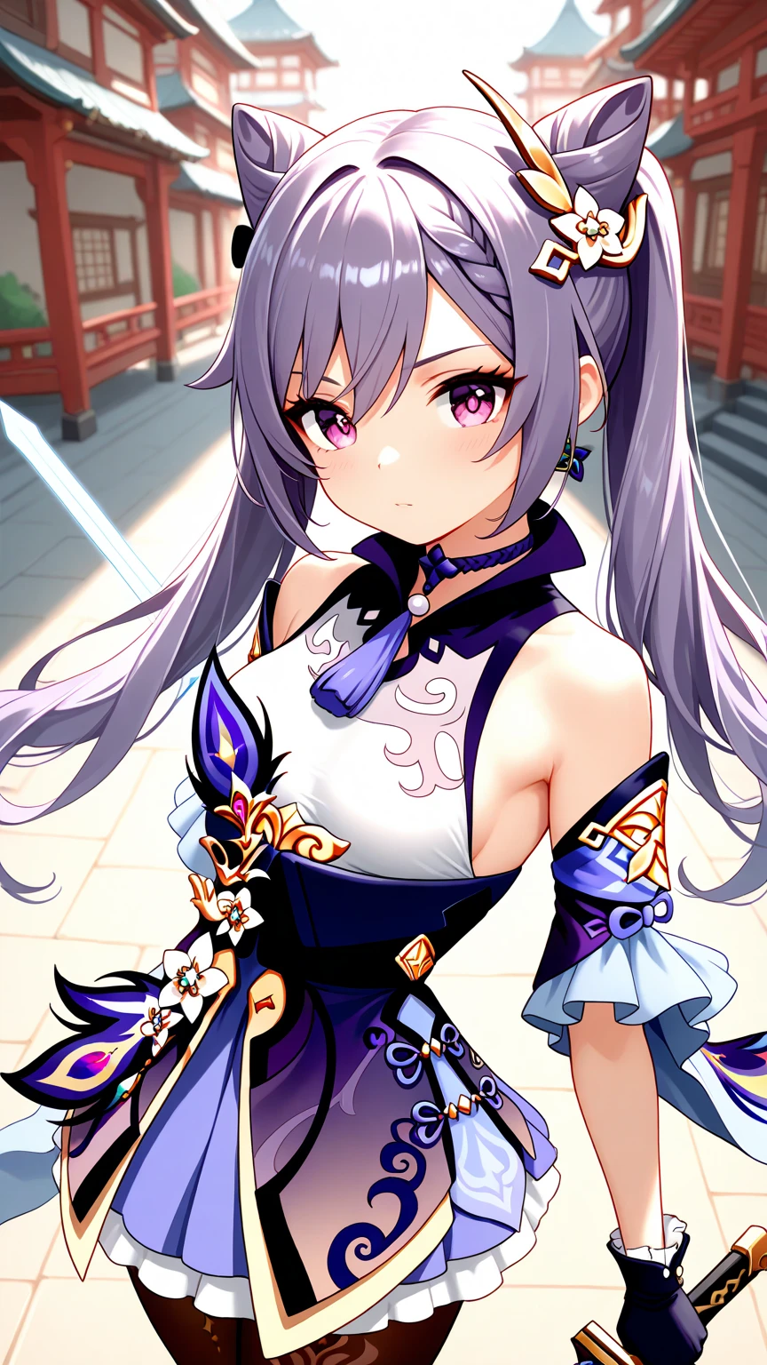 shogun, 1girl, solo, long hair, looking at viewer, hair ornament, thighhighs, long sleeves, ribbon, holding, , closed mouth, purple eyes, weapon, purple hair, braid, flower, japanese clothes, sword, wide sleeves, kimono, holding weapon, armor, mole, blurry, sash, mole under eye, holding sword, obi, shoulder armor, tassel, bridal gauntlets, stairs, purple flower, vision (genshin impact), obijime, tomoe (symbol), obiage, mitsudomoe (shape),