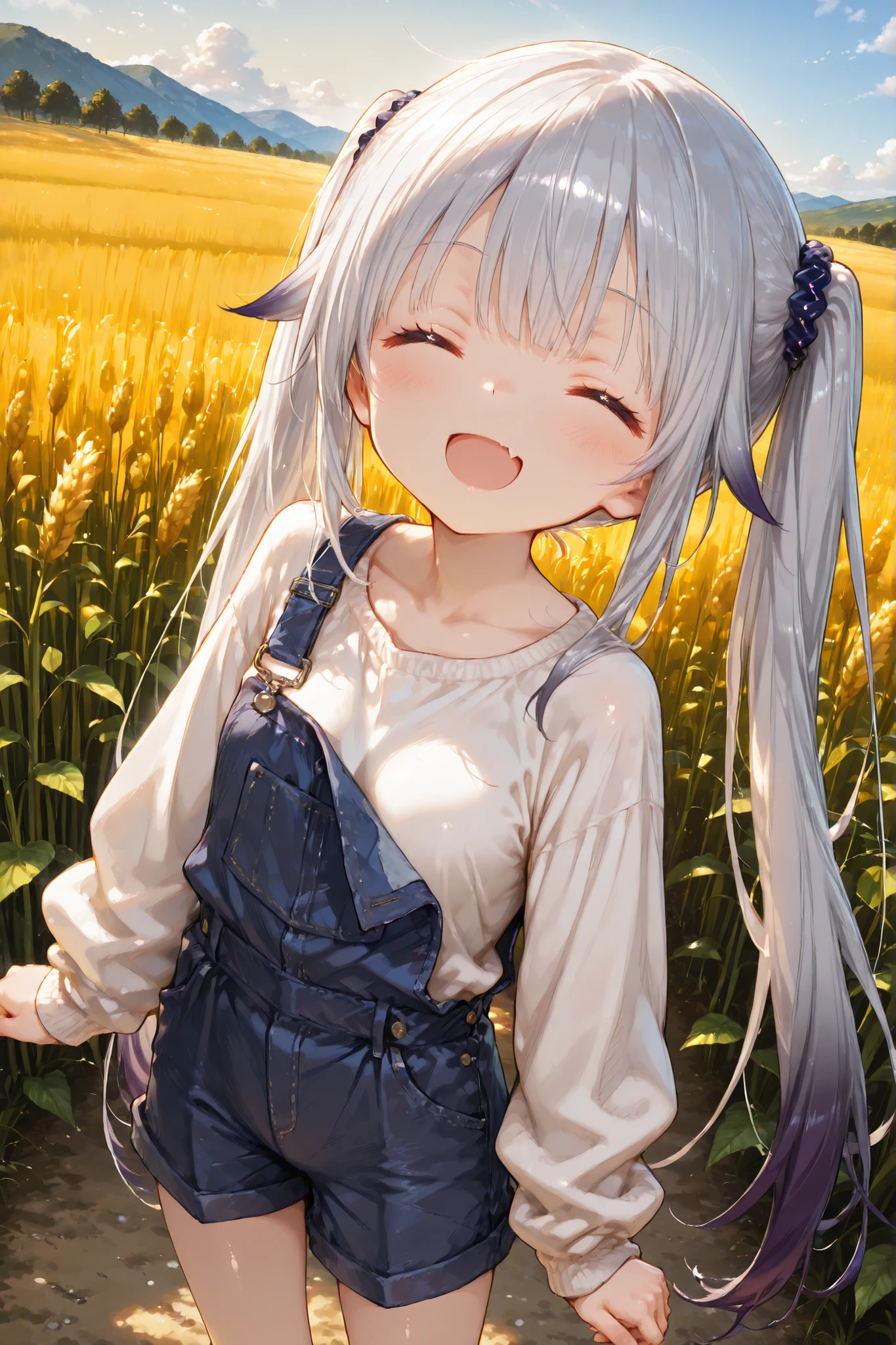 Shiny skin, Babe, character, chiya.
masterpiece, best quality, ultra detailed, high resolution, 8k, caustics, super detailed skin perfect anatomy, dynamic lighting, elaborate eye depiction, beautiful detailed eyes, a cute anime girl.
# body.
142cm tall, skinny, slim waist, small breasts.
# hair.
silver hair, very long twin tails, silver to black gradient tips, puppy paw hair ties.
# expression.
cheerful expression, open mouth smile, closed eyes, single visible fang.
# outfit.
light beige oversized sweatshirt, soft cotton texture.
dark indigo farmer-style overalls, slightly loose fit, practical and casual.
rolled-up overall hems.
simple farm work shoes.
# pose.
standing.
(both hands holding a komedawara:1.3).
arms extended forward, offering the rice bale to the viewer.
slight forward lean of the upper body, lively and friendly motion.
# background.
rural countryside scenery.
golden rice plants growing in a rice field.
fully ripened rice ears swaying gently.
distant low mountains and farm paths.
clear autumn sky with soft daylight.
# composition.
upper knee view.
eye-level perspective.
clear focus on the rice bale and her hands.
fine line art, delicate line drawing, thin outlines, clean outlines, minimal noise.