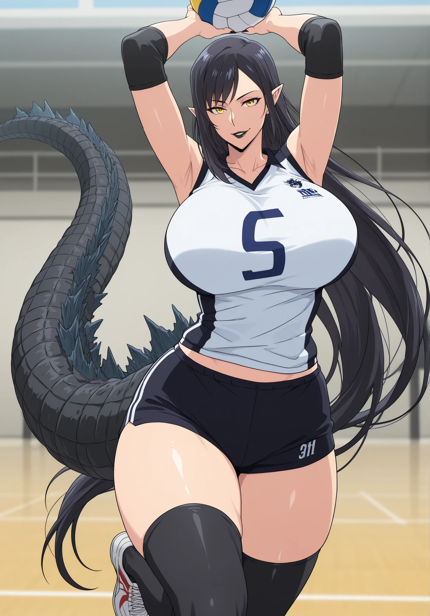 anime screencap, masterpiece, best quality, kajiu-jin-ah, 1girl, Mature Female, yellow eyes, absurdly long hair, pointy ears, Godzilla tail, Godzilla large tail, very long tail, black hair, Big claws nails, attractive face, detailed face , ractical body shape, glamorous bodies, attractive bodies, large Curvy, Slutty, Neat, big breasts, big buttocks, wide Butt, thick thighs, ((Godzilla 2021 \(Godzilla\) \(cosplay\), lips, PARTED LIPS, ARMPITS, ARMS UP, BALL, JUMPING, MIDAIR, VOLLEYBALL, VOLLEYBALL, (volleyball uniform Usa flag, sportswear, elbow pads, elbow sleeve, black thighhighs, sleeveless, shorts, short shorts, gym, blurry background, Sexy,), Smirk, looking at the viewer , cowboy shot , outdoors, black Lipstick, fit body, (((Sexy,))),