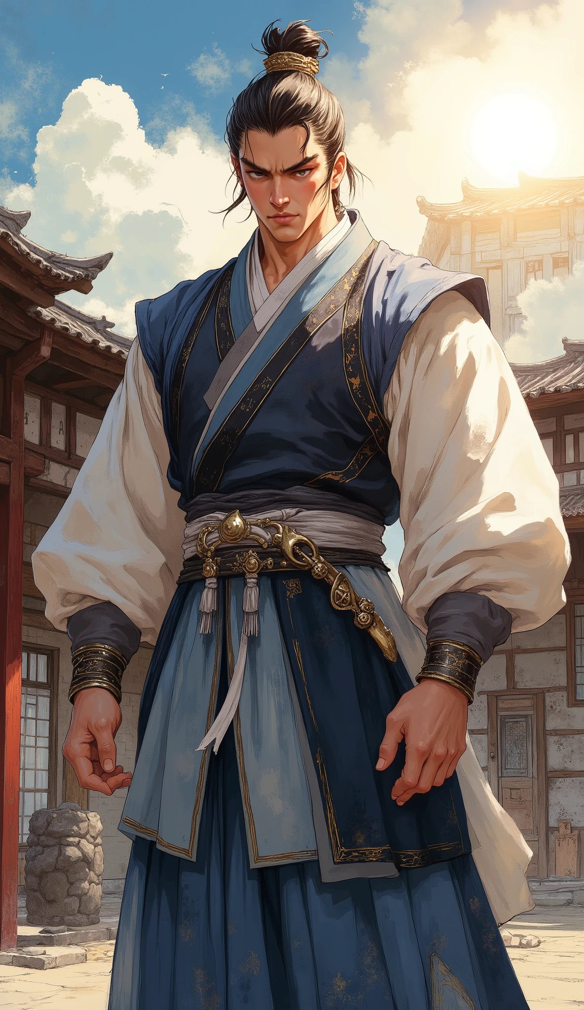 A masterpiece-level mature anime illustration, blending high-fidelity 2D artistry with painterly textures, set in a sunny and refreshing atmosphere. In the center stands a handsome, dashing man with a commanding, heroic presence. He has thick dark brown hair slicked back into a neat bun, with loose center-parted bangs drifting gently in the breeze. His face is long and sculpted with razor-sharp definition, a rigid jawline, and thick, upward-slanting sword brows that exude intensity. His narrow eyes are deep and confident, accompanied by a playful, "bad boy" smirk. He features healthy wheat-colored skin and a tall, muscular, inverted-triangle physique with broad, solid shoulders. He is dressed in exquisite, modified Eastern Wuxia attire, layered and textured. He wears a silky sky-blue cross-collar robe with dark cloud patterns on the collar, sleeves rolled up to the elbows to reveal forearms. Over this, he wears a structural dark navy sleeveless vest with black-gold piping. A complex white fabric belt cinches his waist. He stands with a straight posture, legs slightly apart, hands hanging naturally at his sides. The lighting is cinematic, with bright sunlight striking the right side of his face and shoulders, creating a 3D volumetric effect. The background is a detailed fantasy-style border outpost. The image features perfect , perfect hands with 5 distinct fingers, 8k resolution, vibrant colors, and a bold, creative composition.