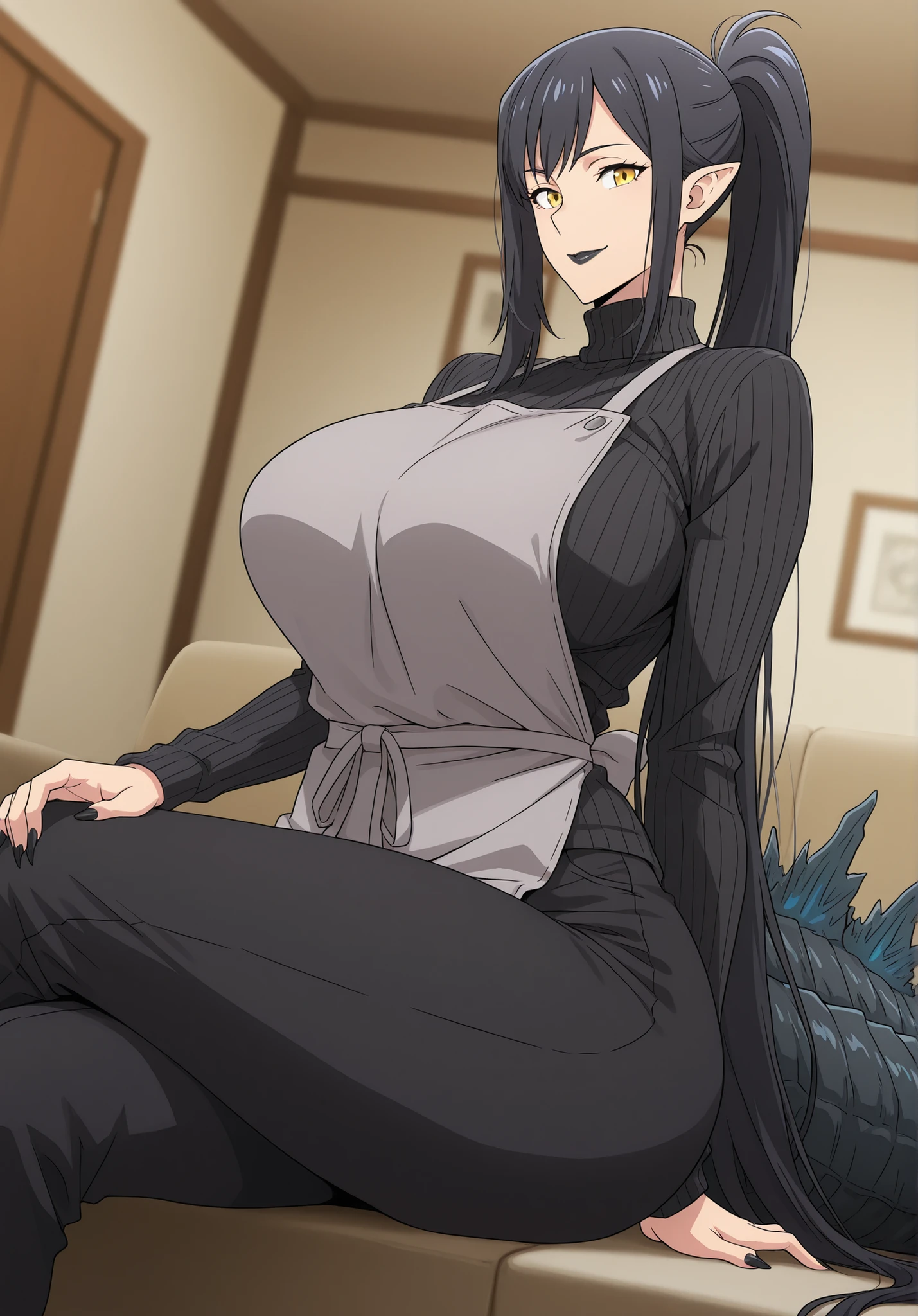 anime screencap, masterpiece, best quality, kajiu-jin-ah, 1girl, Mature Female, yellow eyes, absurdly long hair, ponytail , sidelocks , pointy ears, Godzilla tail, Godzilla large tail, long tail, very long tail, black hair, nails claws, attractive face, detailed face , ractical body shape, glamorous bodies, attractive bodies, large Curvy, Slutty, Neat, big breasts, big buttocks, wide Butt, thick thighs, ((Godzilla 2021 \(Godzilla\) \(cosplay\), ((black turtleneck sweater, grey apron, black pants,)), smile, black Lipstick, fit body, (((Sexy,))), sitting , crossed legs , from front , dutch angle , (looking at viewer) , (cowboy shot) , living room , blurred background,