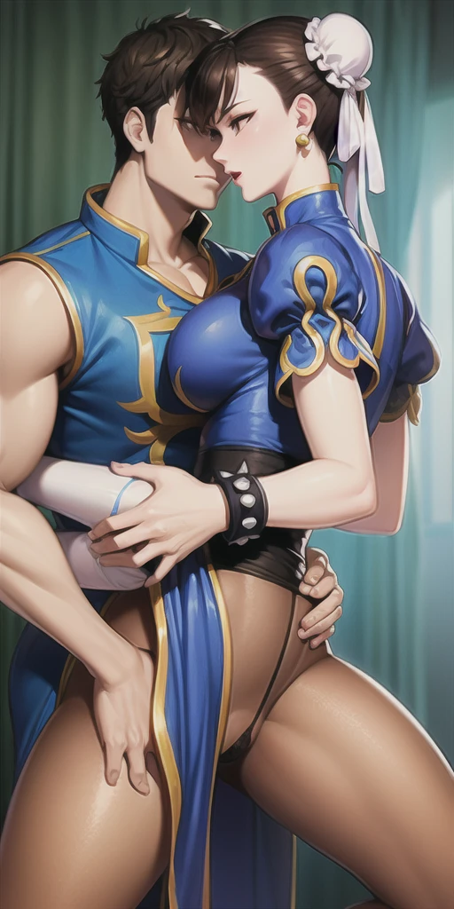 Chun-li (very tight clothing), , big thighs,big ass,that she is a lesbian and that she kisses with her girlfriend (naked)let them kiss very sexily 