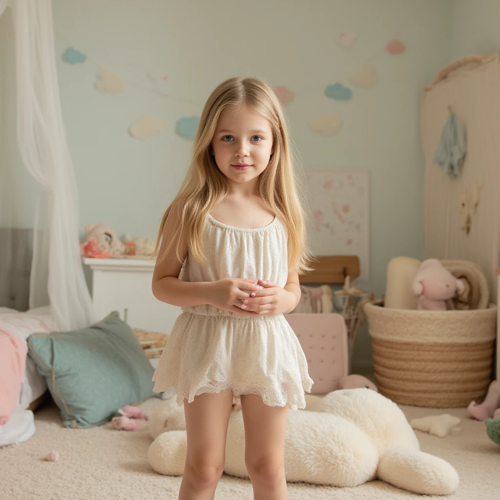 Create a 3 year old girl, blonde, white skin, blue eyes, blonde hair, innocent expression, blue dress with spaghetti straps, she is sitting on the floor with a teddy bear by her side 