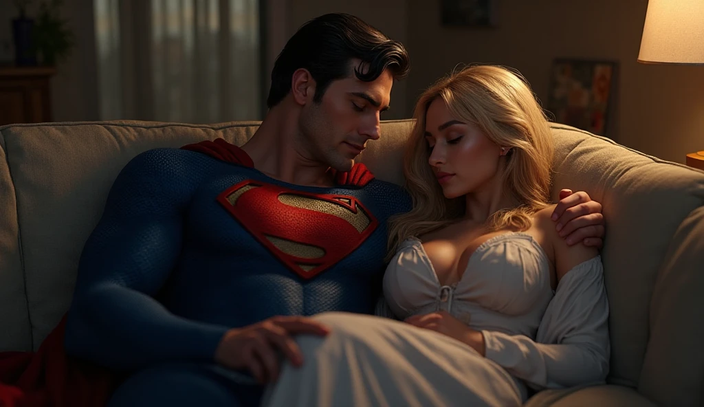 Summer morning, sunrise, light breeze, in a cozy cabin of a luxury yacht a couple sleeps on a large bed: 1 woman (an incredibly beautiful young femme fatale-blonde with blue eyes and long golden hair reaching to the waist, wearing short pajamas with thin lace, romantic appearance) and 1 man (tall, handsome, a manly, athletic young man - platinum blond, he has blue eyes, tanned skin, long straight platinum hair, he is dressed in simple cotton pants), he hugs her. The ocean breeze. Masterpiece, perfect image, realistic photos, full-length image, 8K, detailed image, extremely detailed illustration, a real masterpiece of the highest quality, with careful drawing. glow.