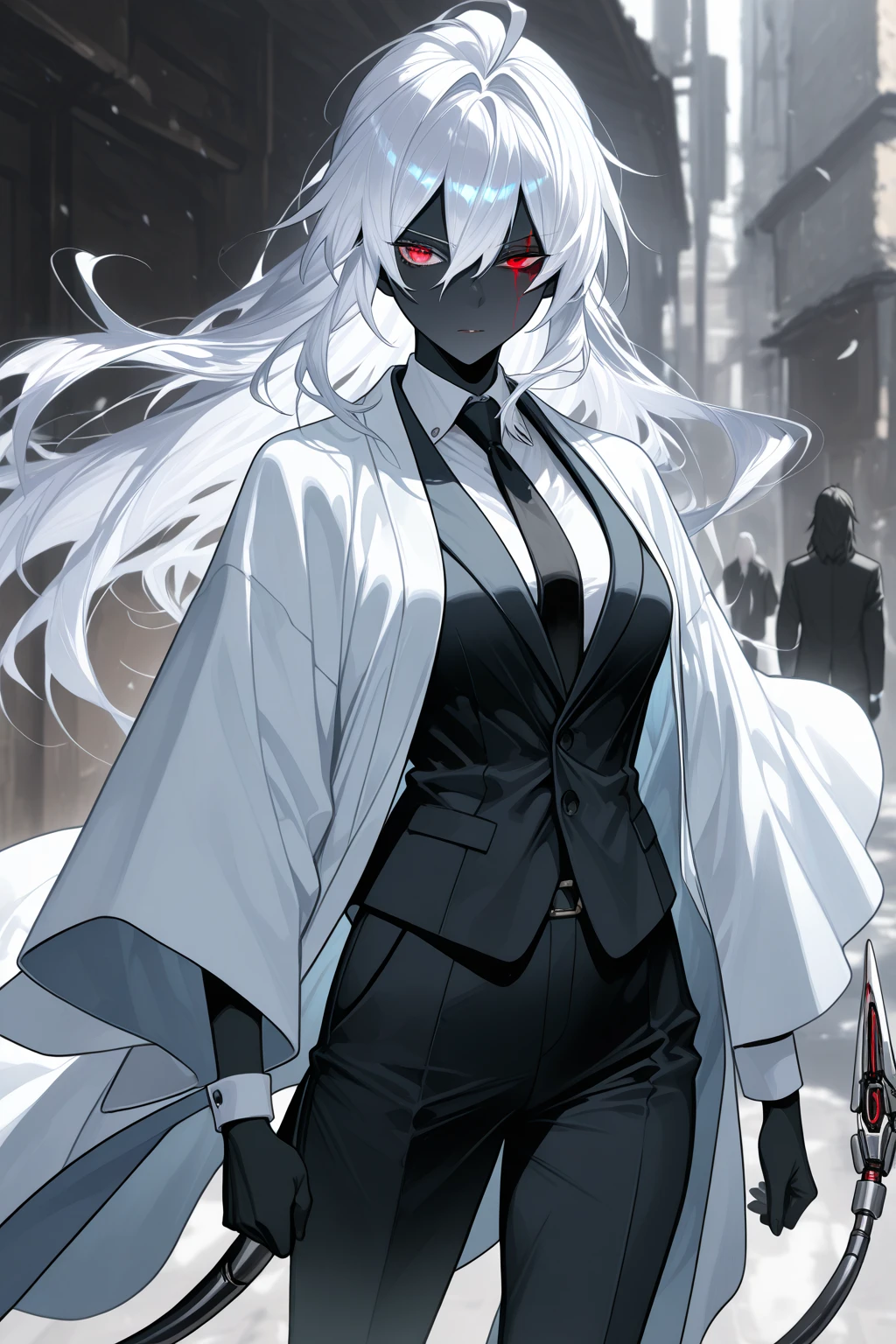A woman wearing a black suit, white t-shirt inside the suit, white tie, tight black pants, horns, walking through a city at sunset, forest in the background, smiling, silver hair, red bangs, yellow eyes, smiling , HDR, ultra resolution, sharp, masterpiece, 8K HD, (just a girl, solo)
