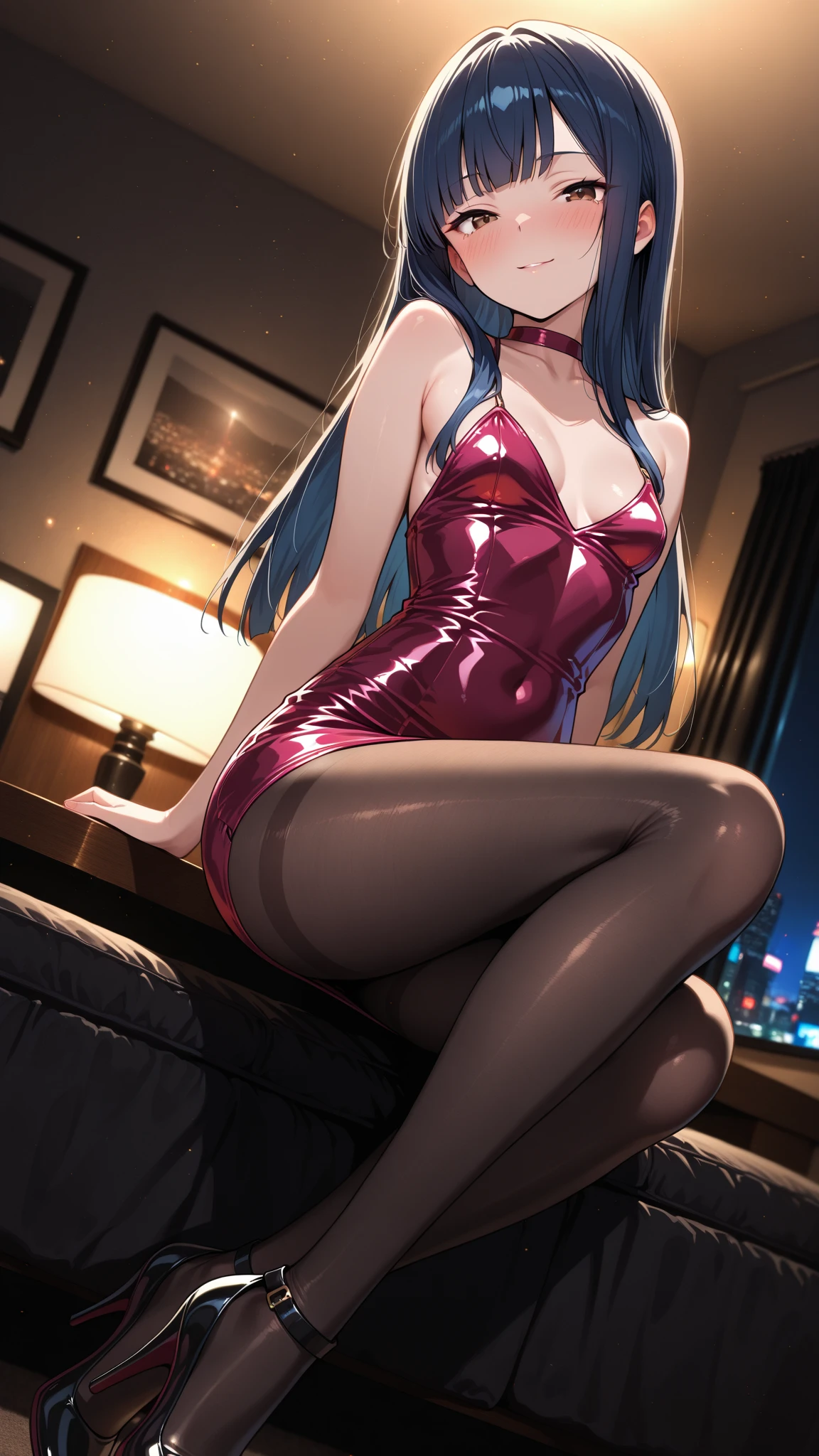 masterpiece, best quality, insanely detailed, nino nakano, one-piece swimsuit, breasts, pantyhose, blush, smile, 寝そべる