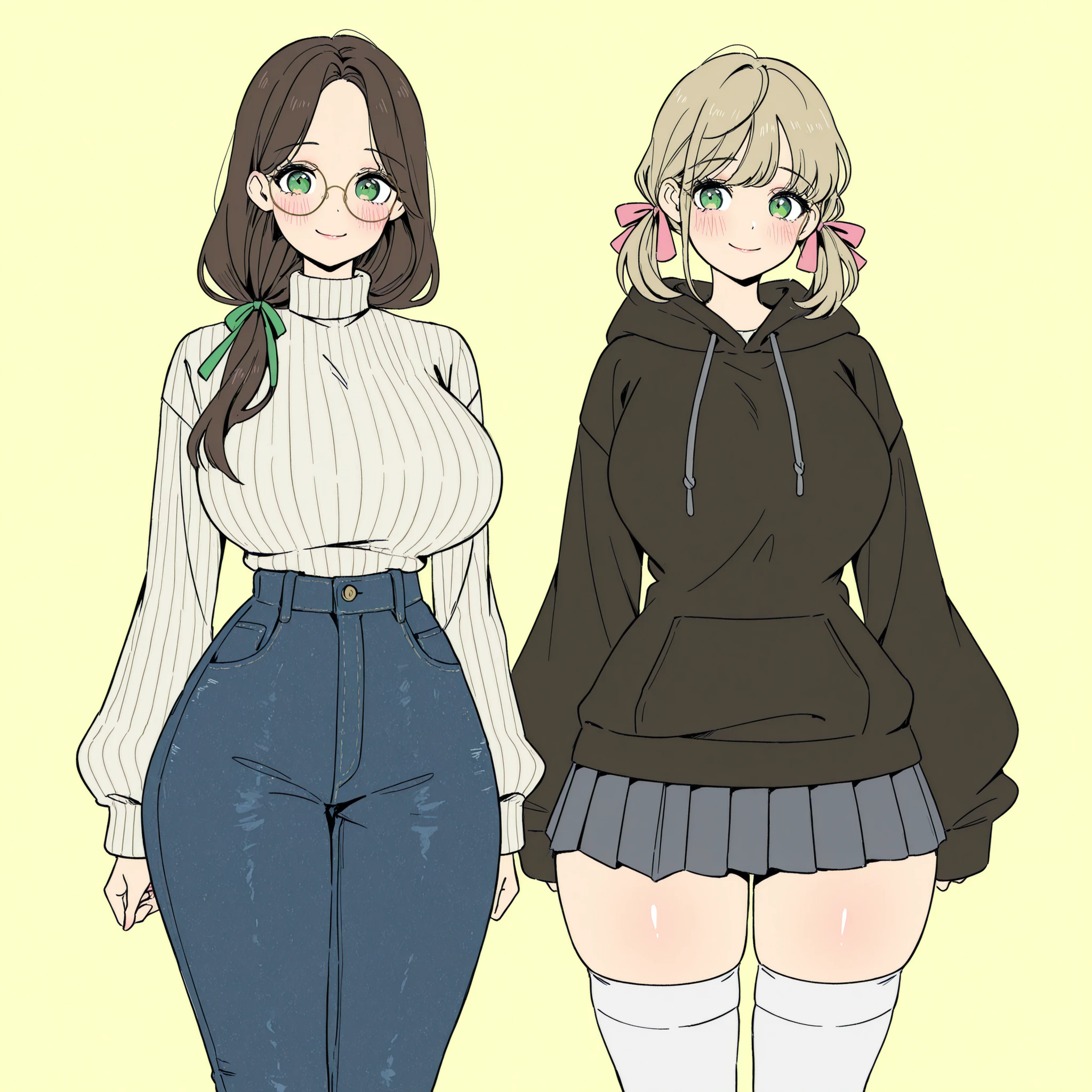 masterpiece, ultra-HD, impressionism, high detail, best quality, very aesthetic, 8K, best quality, beautiful, ultra-high resolution, 32K UHD, sharp focus, 2woman, duo, mature woman: long hair, brown hair, straight hair, low ponytail, parted bangs, green eyes, eyelashes, almond-shaped eyes, black eyeliner, pink full lips, mature woman, huge breasts, narrow waist, wide hips, thick thighs, shapely legs, slim, white ribbed turtleneck baggy sweater, baggy sweater, skinny jeans, blush, smile, cute, girl: short hair, ash-blonde hair, middle bangs, pigtails, straight hair, hair ribbons, pink ribbons, green eyes, eyelashes, huge breasts, narrow waist, wide hips, thick thighs, shapely legs, slim, big round glasses, black baggy hoodie, gray pleated skirt, white thigh high socks, blush, shy, smile, cute, standing, looking at viewer, simple background, front view