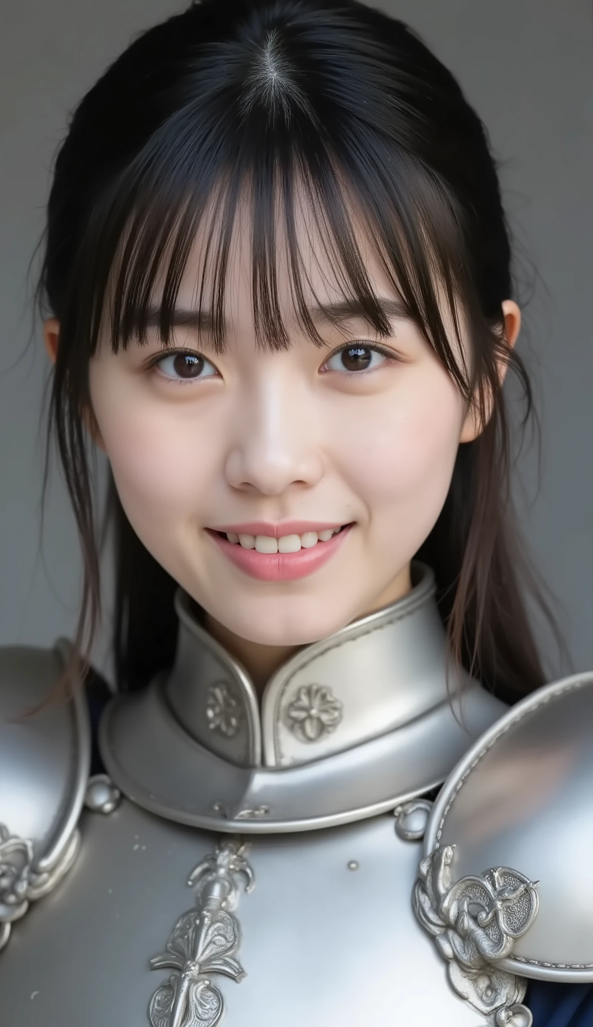 young woman in luxurious silver armor、、Female Knight、、、ear piercing、camera from the knee、looking directly in front、smile showing teeth、、face close-up、grey background、