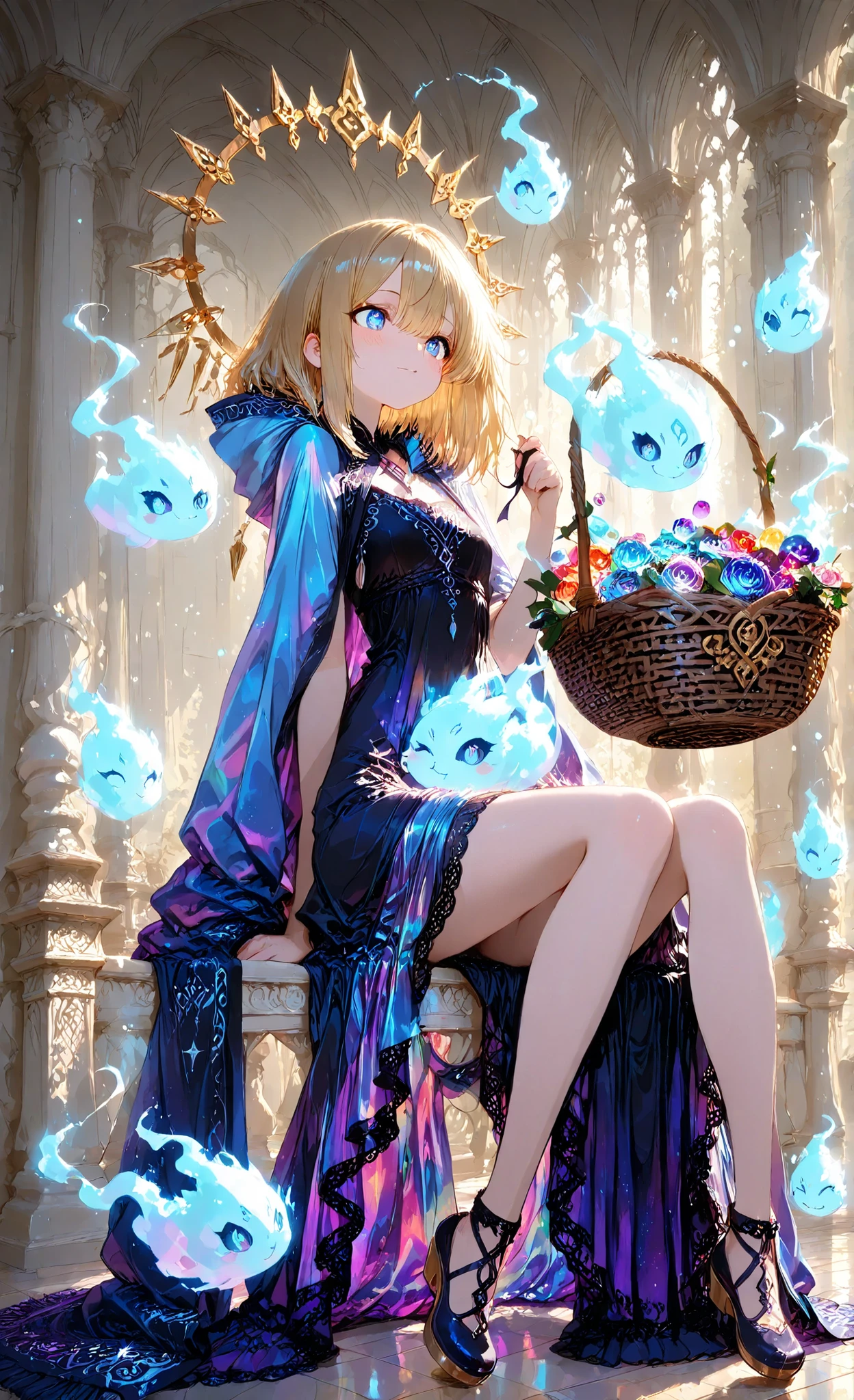 masterpiece, 8k, top quality, detail, High Resolution, Digital Painting, Super Detailed, (detailed eyes:1.2), (sharp eye:1.1), [Illustration], anime style, 1girl, Floating Atelier Seats Gracefully on a Floating Atelier Platform, Delicately Sew Shiny Cloaks that Shine in Fragments、Cascading Rose Gold Hair, Midnight Indigo and brushed silk baroque tailor gown, Rainbow Soul Thread Loops from a Floating Basket, Delicately Sew Brilliant Cloaks that Shine in Fragments, Sparkling Memories, Light Blue Spirit Whisps Dancing in the Air, Eyes Shining with Emotion, Super Detailedなレース, embroidery, and、Thread Work, Fantastic Lighting and Drifting Particles, peaceful, poetic mood.