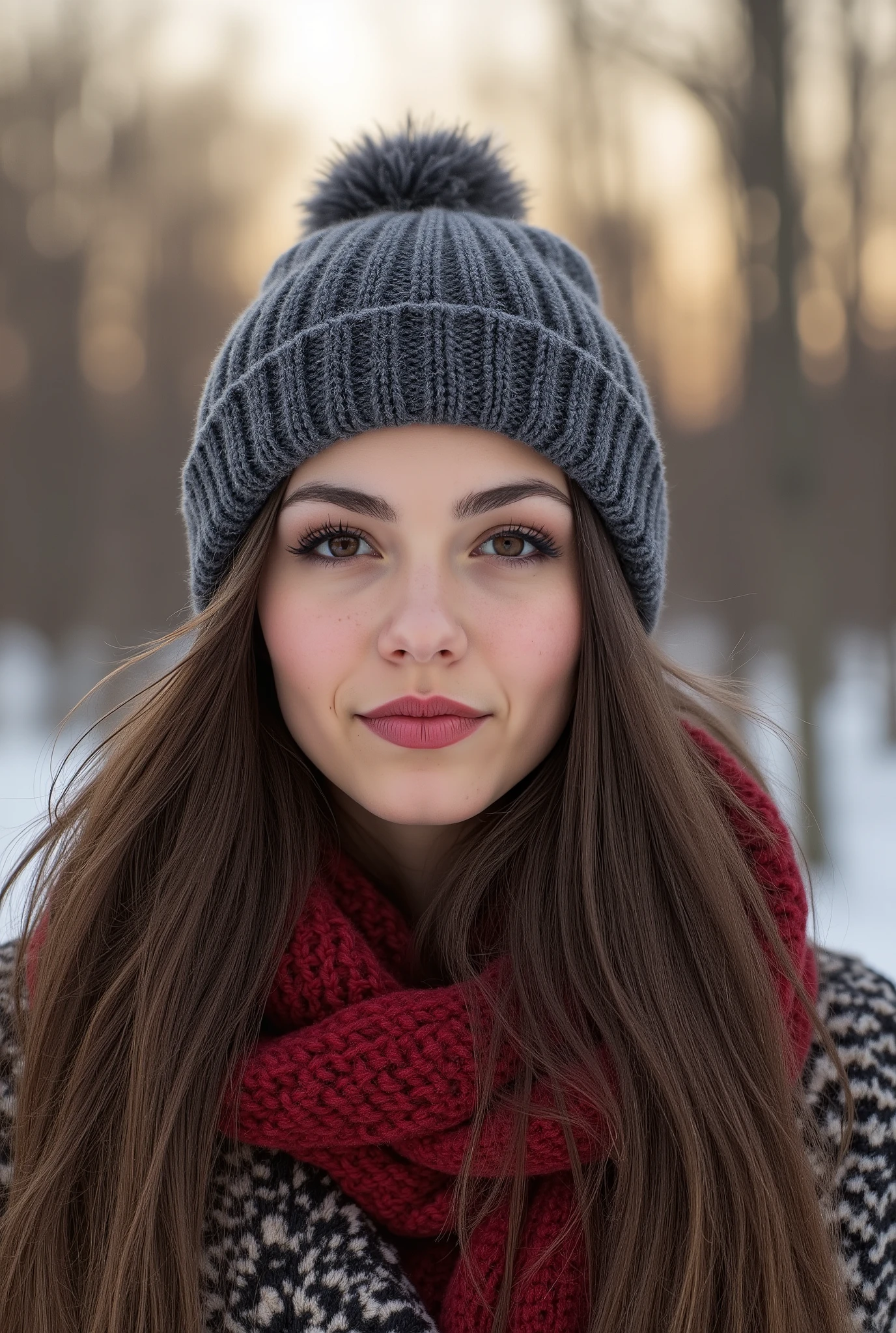 Красивая молодая женщина европейской внешности, ей ровно 20 лет, стоит посреди заснеженного зимнего леса в волшебный тихий вечер. Она смотрит прямо в камеру с лёгкой, тёплой и слегка игривой улыбкой, от которой невозможно отвести взгляд. У неё идеально симметричное, невероятно красивое лицо ангельской красоты: большие выразительные голубовато-серые глаза с длинными пушистыми ресницами, нежный румянец на высоких скулах, аккуратный маленький нос и пухлые естественные губы. Кожа безупречно светлая, сияющая, словно фарфор. Длинные густые волнистые волосы цвета тёмного мёда с золотистыми прядями мягко струятся по плечам, на них лежат отдельные крупные снежинки, которые блестят в мягком свете.
У неё идеальная женственная фигура: тонкая талия, изящные плечи и очень красивая, соблазнительная . На ней короткое элегантное белое кашемировое пальто премиум-класса, слегка приталенное, с широким поясом, подчёркивающим осиную талию. Пальто расстёгнуто, открывая облегающий кремовый кашемировый свитер с глубоким V-образным вырезом, который красиво подчёркивает декольте. На воротнике и рукавах пальто — нежный белый мех. На шее тонкий блестящий чокер с маленьким бриллиантовым кулоном в форме снежинки.
Задний план — заснеженная аллея в старом парке, мягкий рассеянный свет закатного неба, лёгкий снегопад, голубовато-розовые и серебристые тона. Всё вокруг окутано сказочной зимней дымкой, создающей ощущение глубины и уюта. Цветовая палитра холодная, с преобладанием белого, серебра и нежного голубого, но тёплые оттенки её волос, кожи и губ придают изображению чувственность и живость.
Средний план, небольшая глубина резкости, идеальный фокус на лице и фигуре, мягкое боке на заднем плане. Фотореалистичный стиль, высочайшая детализация, кинематографическое освещение, атмосфера тихой зимней сказки и утончённой женственности.