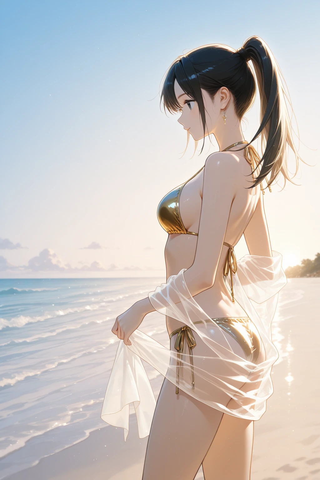 1_girl, solo, sksbrooke person, sksbrooke, (masterpiece:1.2), (best quality:1.2), perfect eyes, perfect face, 1girl, solo, brown eyes, (medium breasts), perky breasts, yellow stripe bandeau top and Brazilian bottom bikini set, beach background, splashing in the water, back turned 