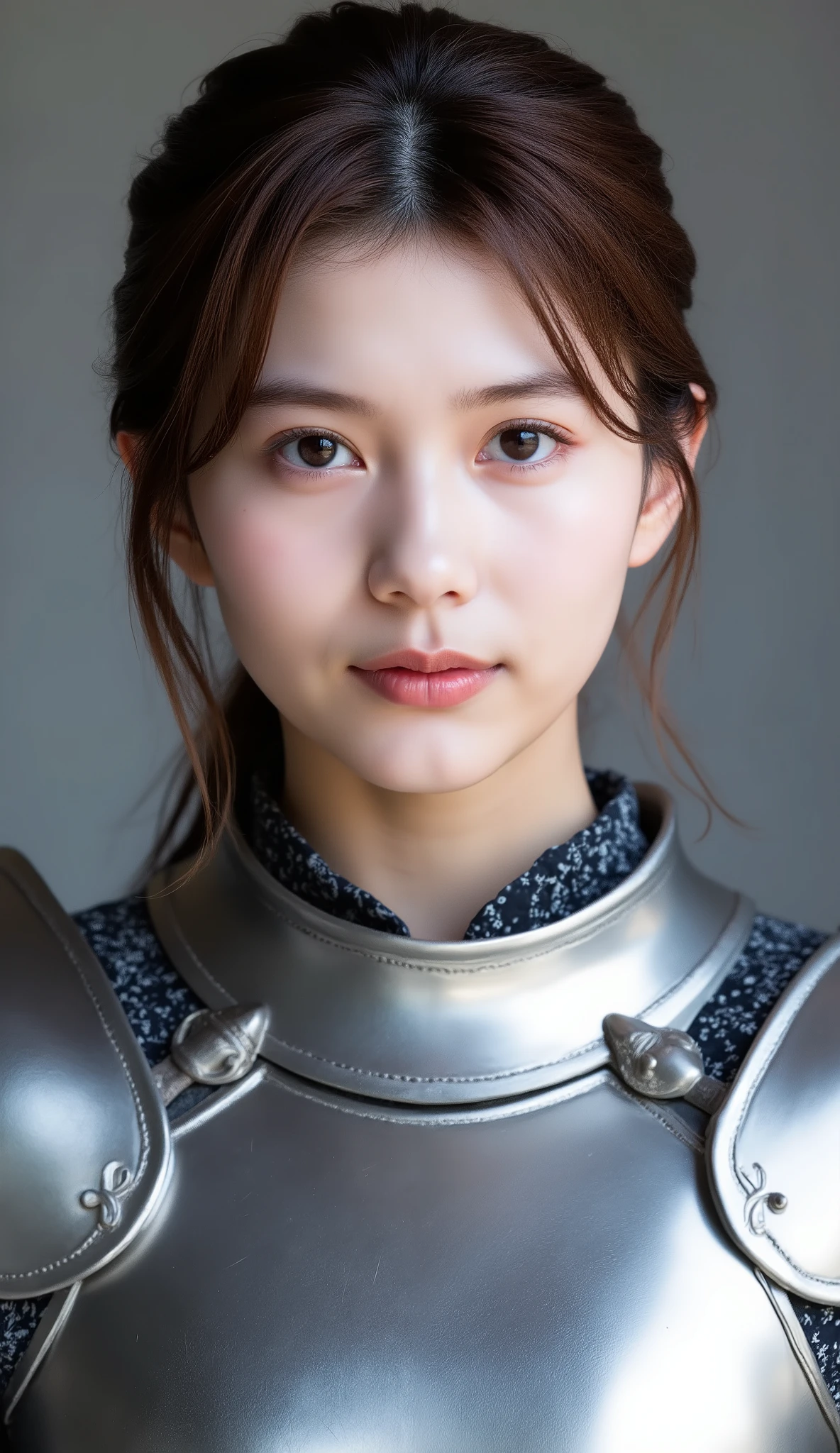neat young woman wearing luxurious silver armor、、female knight、、、ear piercings、looking at camera、looking directly in front、、口を閉じている、への字口、、、face close-up、grey background、
