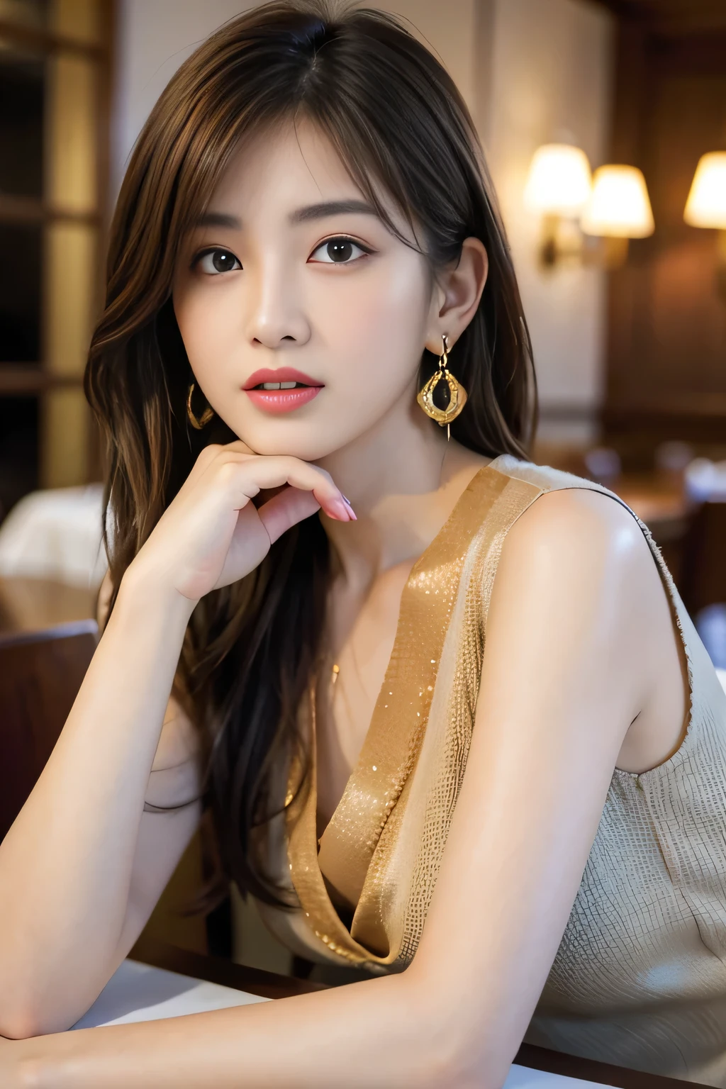 masterpiece, Highest quality, Realistic, Very detailed, Finer details, High resolution, 8k wallpaper, One beautiful woman, Wear a nice suit, In a great restaurant, At night, Light brown messy hair, Perfect dynamic composition, Beautiful and beautiful eyes、Big earrings、Sit on a chair、
