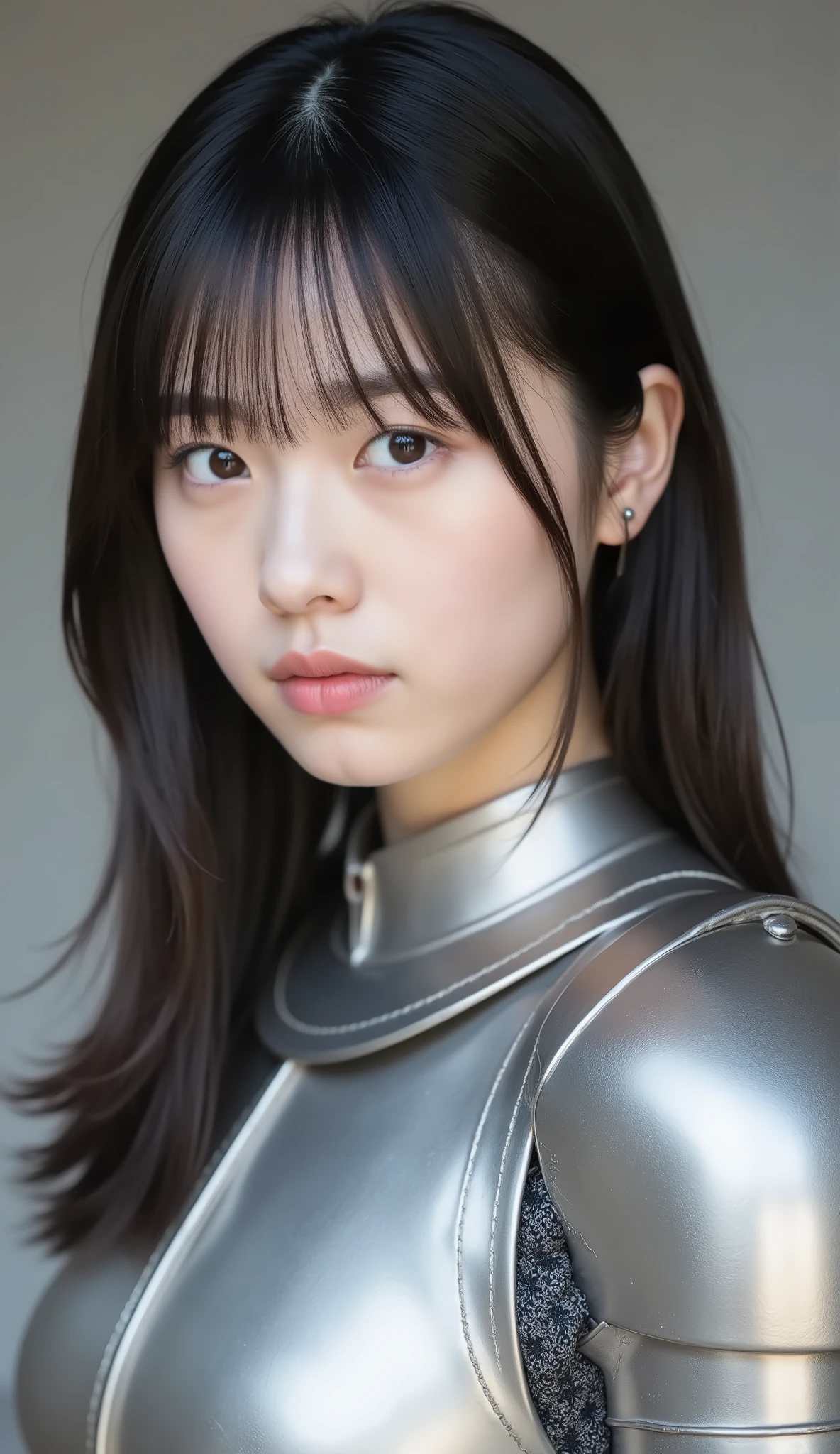 young woman in luxurious silver armor、、Female Knight、、、ear piercing、camera from the knee、looking directly in front、無表情、口を閉じている、、face close-up、grey background、