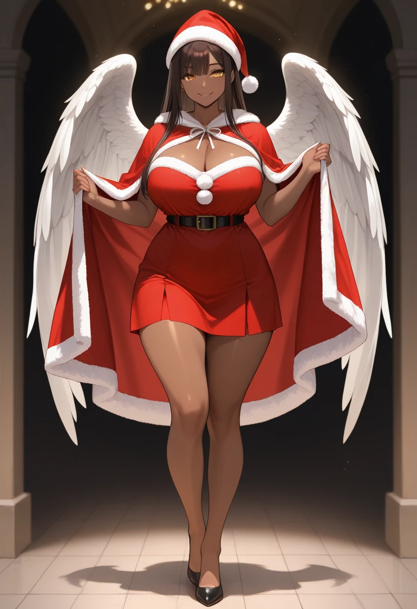 monster girl, dark-skinned woman, big chest, wings, happy,, coat jacket, pants, portrait, 1character, full body, walking, long dress, medieval, village, farm