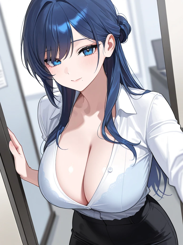 dark hair in a high ponytail, crystal blue eyes, open mouth,  25 years old, playfully ,  busty, cleavage, blouse unbuttoned , skirt, standing, coy smile with open parted lips, (blushing:1.3), looking invitingly at the viewer,  eyes, facing the viewer, livingroom background, leaning forward in a doorway, (pov), glowing eyes, necklace, earrings, , 