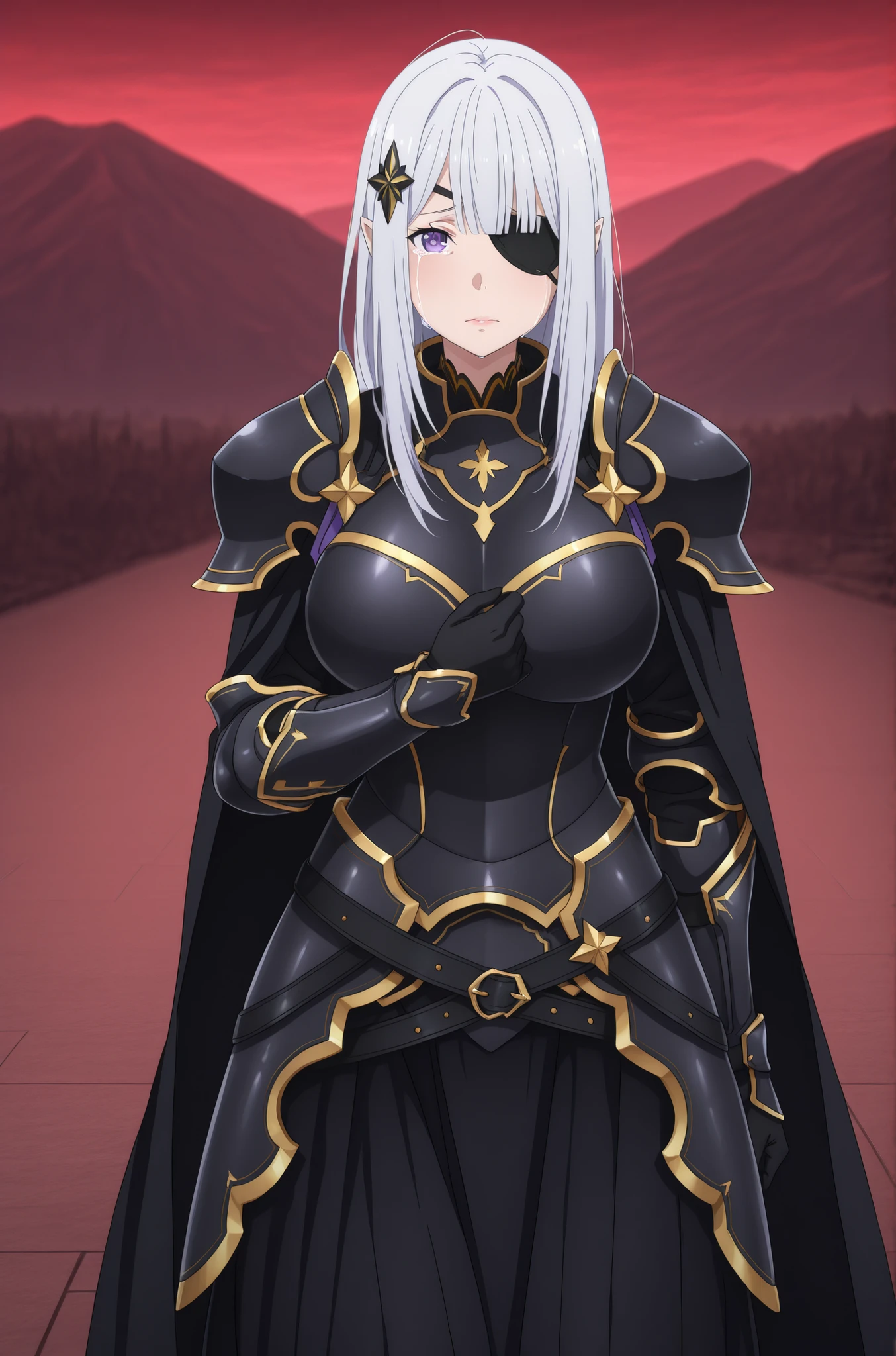 anime screencap, anime coloring, detailed face, masterpiece, best quality, very aesthetic, absurdres, volumetric lighting, adult ReZero, Solo, Satella-God, Anime, 1girl, Mature adult Female, pointy ears, long hair, hair ornament, silver hair, lips, purple eyes, big breasts, glamorous bodies, attractive bodies, big Curvy, Slutty, Neat, high body, ((one eye covered , eyepatch , knight, armored dress, black cape, black armor, pauldrons, gauntlets, black gloves, black belt, faulds, long skirt, black skirt,)), (((Sexy,))), Sad to Crying, sittin floor, standing , looking at viewer , cowboy shot , red sky , scenery , mountain , dark , photo background , blurry background