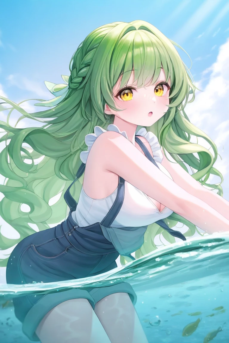 Anime girl drinking beer on the beach, not wearing a bikini,  upper body, with turquoise hair, showing  style. She is one of the most popular high-rated anime characters who enjoys the sun and waves on the beach.