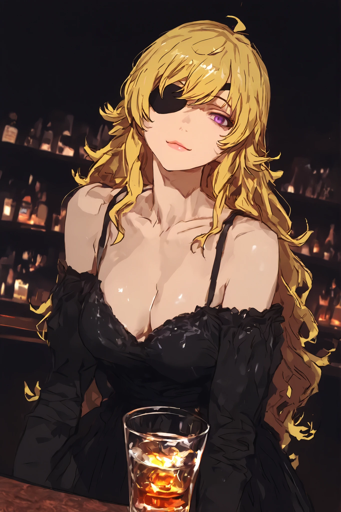 illustration, yang xiao long, 1girl, solo, purple eyes, one eye patch, blonde hair, wavy hair, long hair, wearing black dress, beautiful woman, , exposed collarbone, rebellious and alluring expression sharp and defined facial features,  moody cinematic lighting, high-detail linework and painterly textures, dynamic composition, high quality, finely detailed textures, dramatic contrast, illustration style, 4k, small smile at the corner of her lips, half sadistic, half psycho, confident, perfect, looking to the viewer, beautiful, stunning, like a protagonist, in a bar, drinking scotch