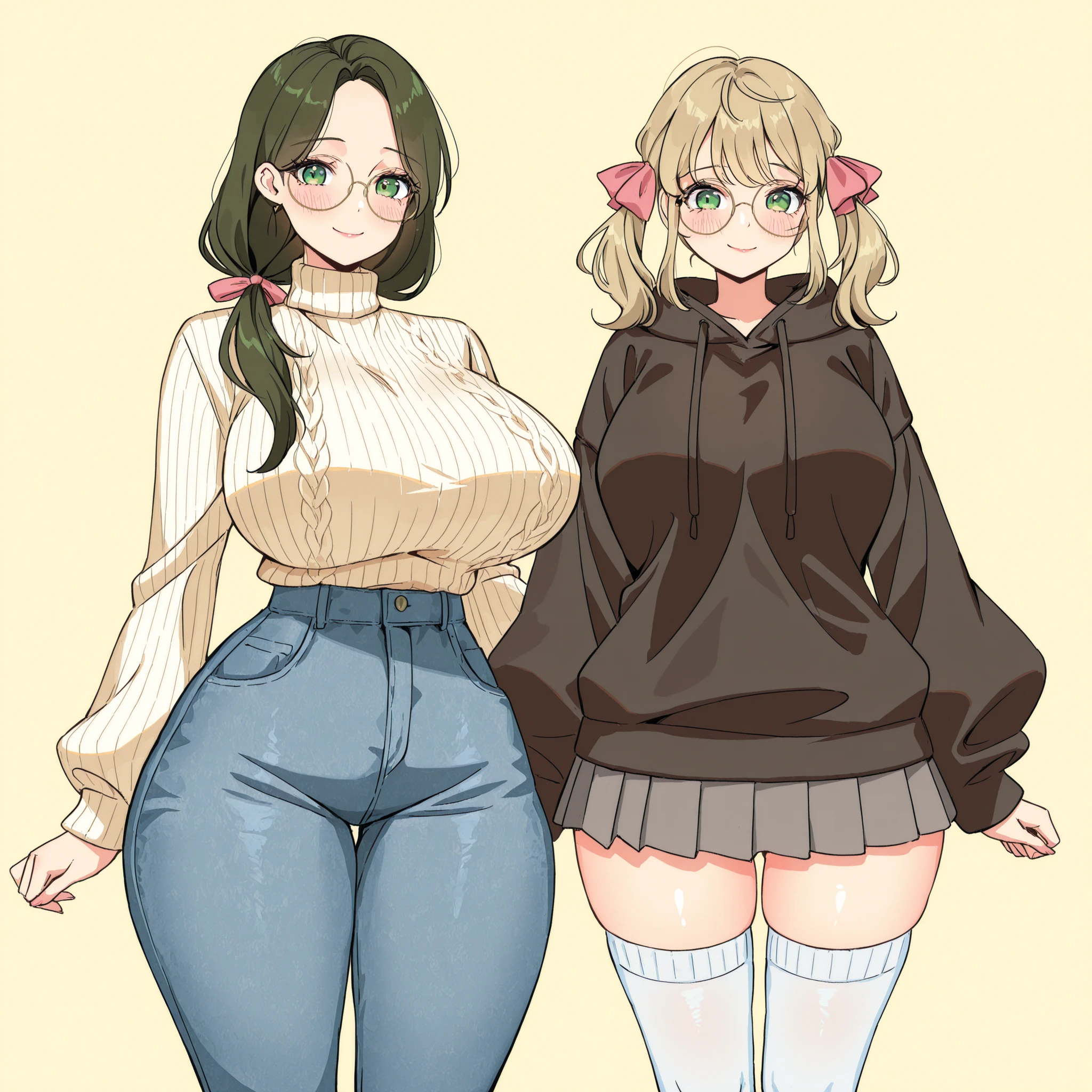 masterpiece, ultra-HD, impressionism, high detail, best quality, very aesthetic, 8K, best quality, beautiful, ultra-high resolution, 32K UHD, sharp focus, 2woman, duo, mature woman: long hair, brown hair, straight hair, low ponytail, parted bangs, green eyes, eyelashes, almond-shaped eyes, black eyeliner, pink full lips, mature woman, huge breasts, narrow waist, wide hips, thick thighs, shapely legs, slim, white ribbed turtleneck baggy sweater, baggy sweater, skinny jeans, blush, smile, cute, girl: short hair, ash-blonde hair, middle bangs, pigtails, straight hair, hair ribbons, pink ribbons, green eyes, eyelashes, huge breasts, narrow waist, wide hips, thick thighs, shapely legs, slim, big round glasses, black baggy hoodie, gray pleated skirt, white thigh high socks, blush, shy, smile, cute, standing, looking at viewer, simple background, front view