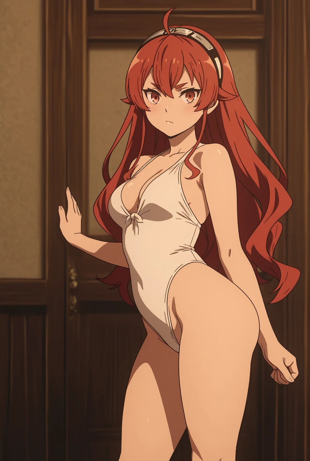 best quality, (masterpiece:1.2), detailed,
1 girl, alone, Keep your mouth shut, faint smile,
long hair, Red hair, ahog, red eyes, black headband,
(micro ??????:1.4)， looking at the audience,
indoors, window