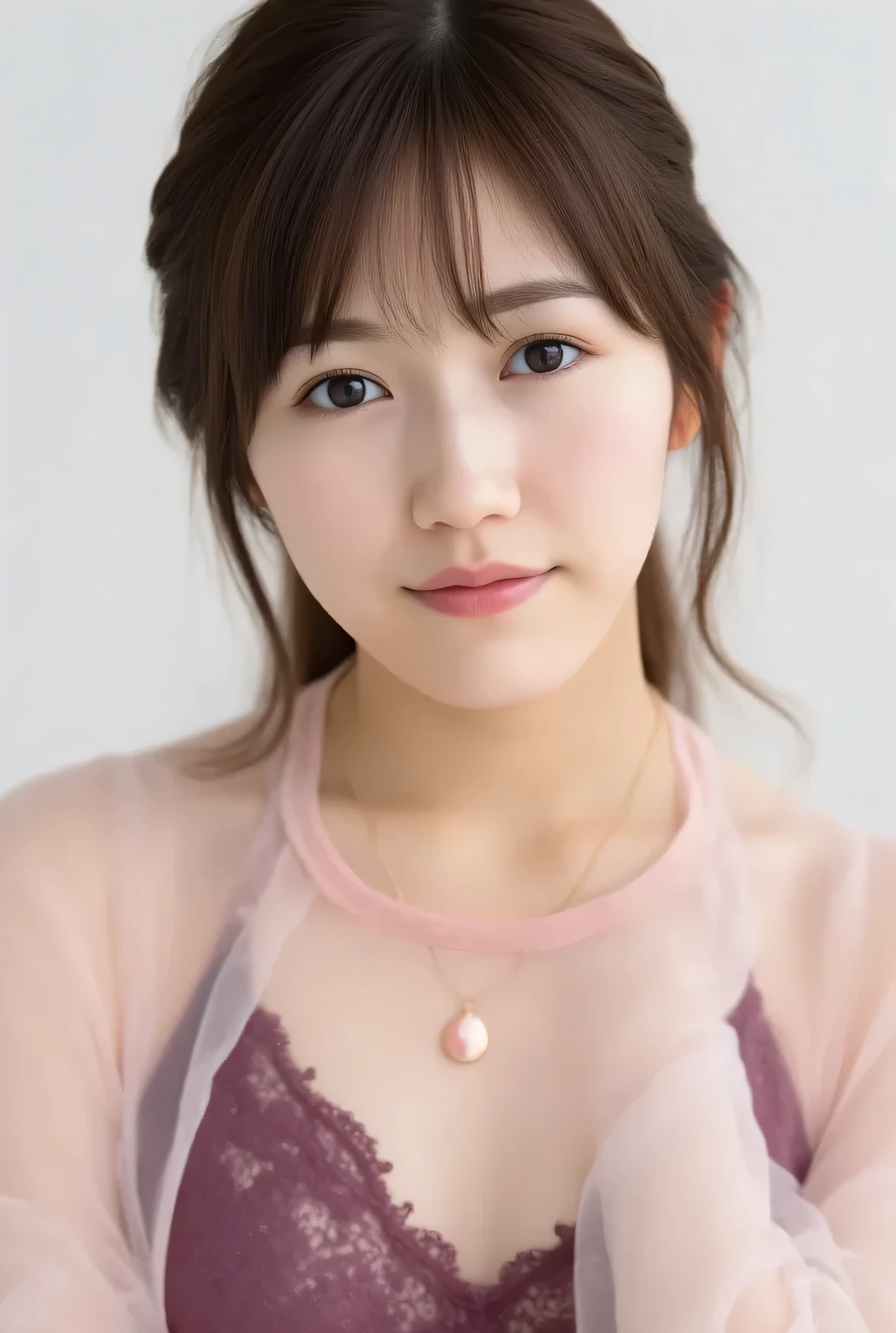 A striking portrait of a young woman, prominently featuring her soft facial features and captivating expression. Her long, tousled hair frames her face, enhancing her confident pose. She wears a delicate, sheer pink shirt unbuttoned to reveal a rich maroon lace bra, adding depth to the visual narrative. The lighting is bright and natural, with soft highlights emphasizing her smooth skin and enhancing the gentle shadows that add dimension. The background is a minimalistic, light-colored space, contributing to an airy and serene atmosphere. The composition focuses on her gaze, which engages the viewer, while her slight tilt of the head suggests intrigue and allure. A long, thin necklace draws attention to her neckline, completing an elegant aesthetic. The overall mood is playful yet sophisticated, resonating with contemporary fashion photography styles that prioritize femininity and empowerment.