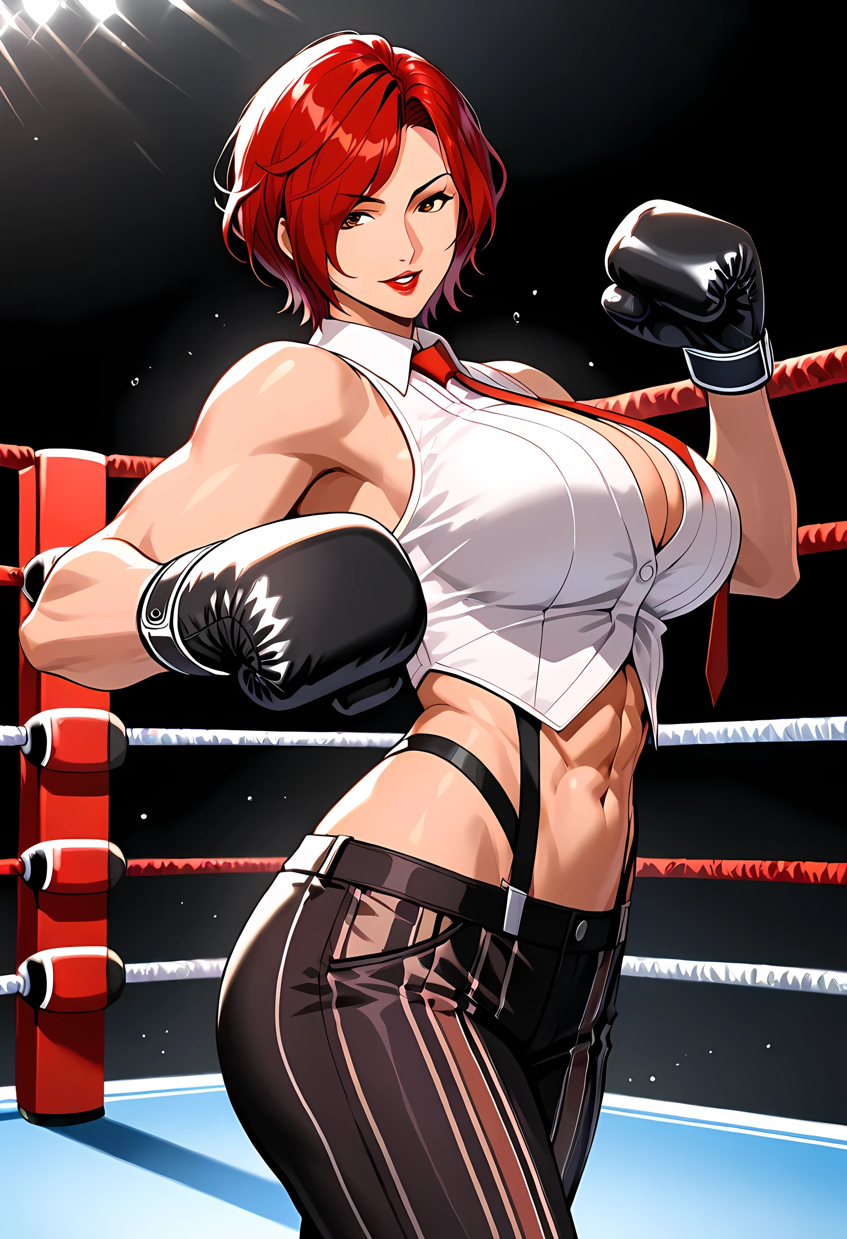 Anime style, 1 girl, solo, looking at viewer, mature woman, ((Vanessa from KOF)), short red hair, waved hair, parted bangs down, brown eyes, red lips, soft smile, parted lips, white tanktop, big breasts, abs, toned body, slim waist, attractive, motherly, lace, black social pants, boxing gloves, rosy skin, tall woman, sexy woman, pose, boxing stance, punching, soft light, in a gym, masterpiece, high quality, 8k, high definition, full HD.