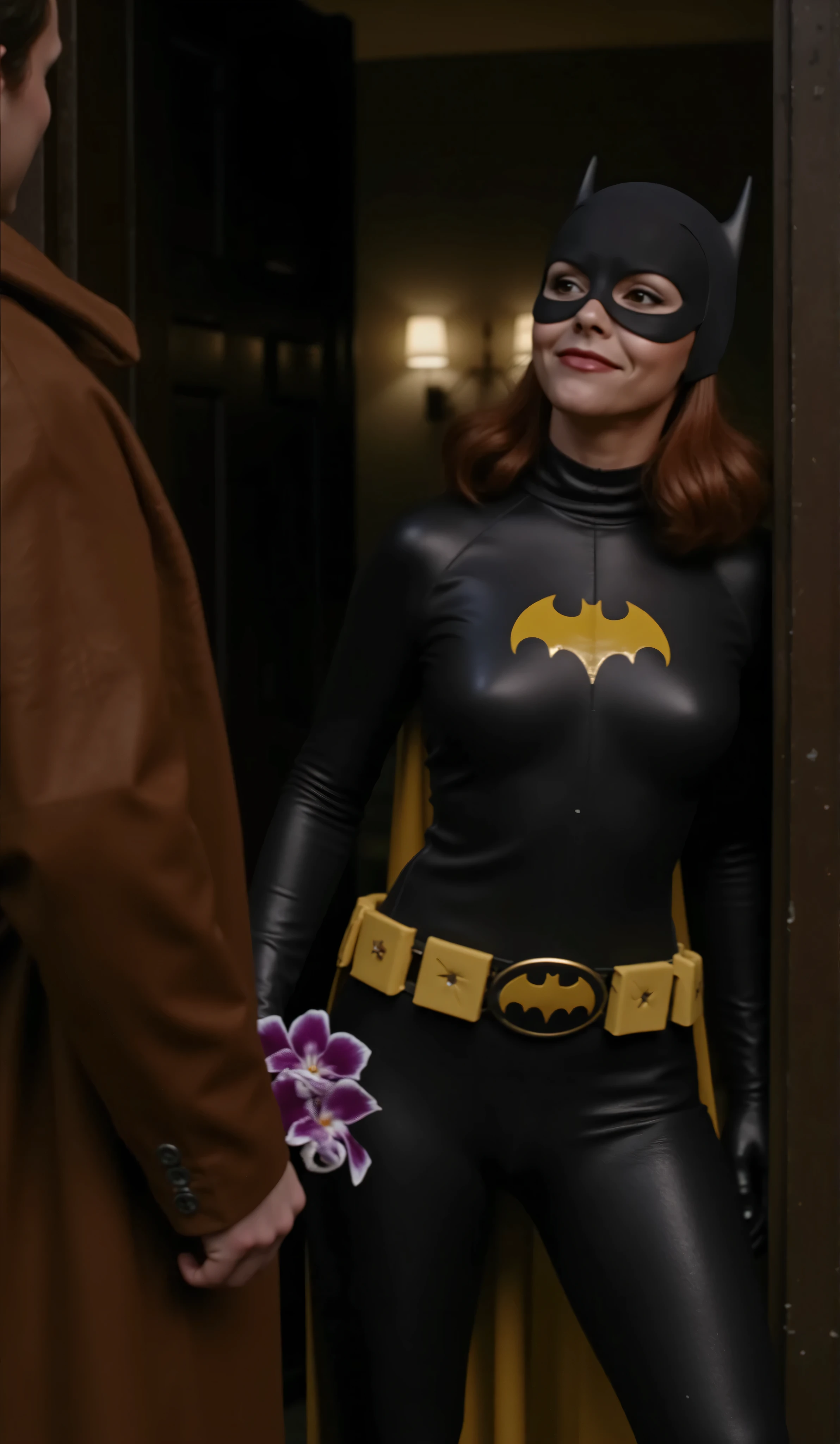 Dramatic lighting, dark shadows, technicolor film still, Waist level shot, cowboy shot, chtistina ricci with dark red hair, eye makeup and lipstick, dressed as Batgirl, she is in crystal clear focus, wearing a dark charcoal gray rubber , (((no covered ))) batgirl symbol on the , wearing a batgirl mask and cowl, and matching gloves, she stands in the doorway of her apartment, her knees close together, one foot in front of the other, attractive, alluring, greeting a strange man wearing a brown trenchcoat, (((she looks up at the man, smiling slightly with one side of her mouth turned up only a slight amount))), the stranger holds a purple and white orchid in his hand. He holds the flowers close to his body. The mans back is facing the viewer, the mans face is out of view, low angle shot looking up. The image is focused on batgirl, and the strange man is only seen on the right side of the image, the angle and position of the camera only shows half the mans body, and his head is out of frame at the top, elevating the sense of mystery, ((( no covered )))