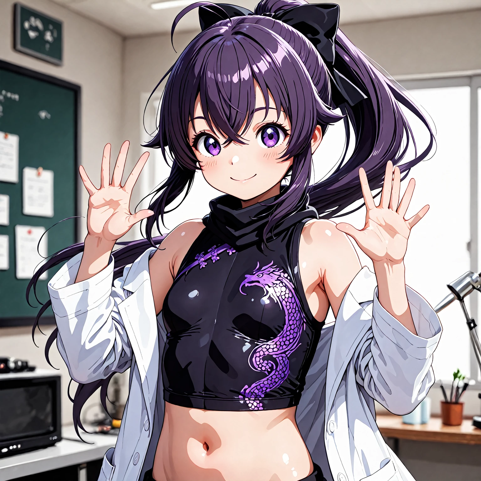 Anime girl with purple hair and black dress posing in a room（matou ...