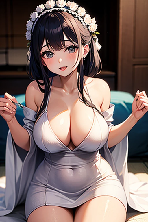 Have a Smartphone、sit on the bed、((masterpiece、high quality、high resolution、4k, 8k, official art)),detailed person、detailed face、detailed eyes、 long black hair woman, revealing clothes, tits, off shoulder sweater dress、big breasts、beautiful thighs、big cleavage、beautiful woman、Kirinaga eyes、(thin body and limbs), Angle from above、((Condoms are scattered on the bed、show me your smartphone screen、Porn images on smartphone screen))、(pov)、Mole around the mouth、((sharp eyes、double eyelids、evil smile))