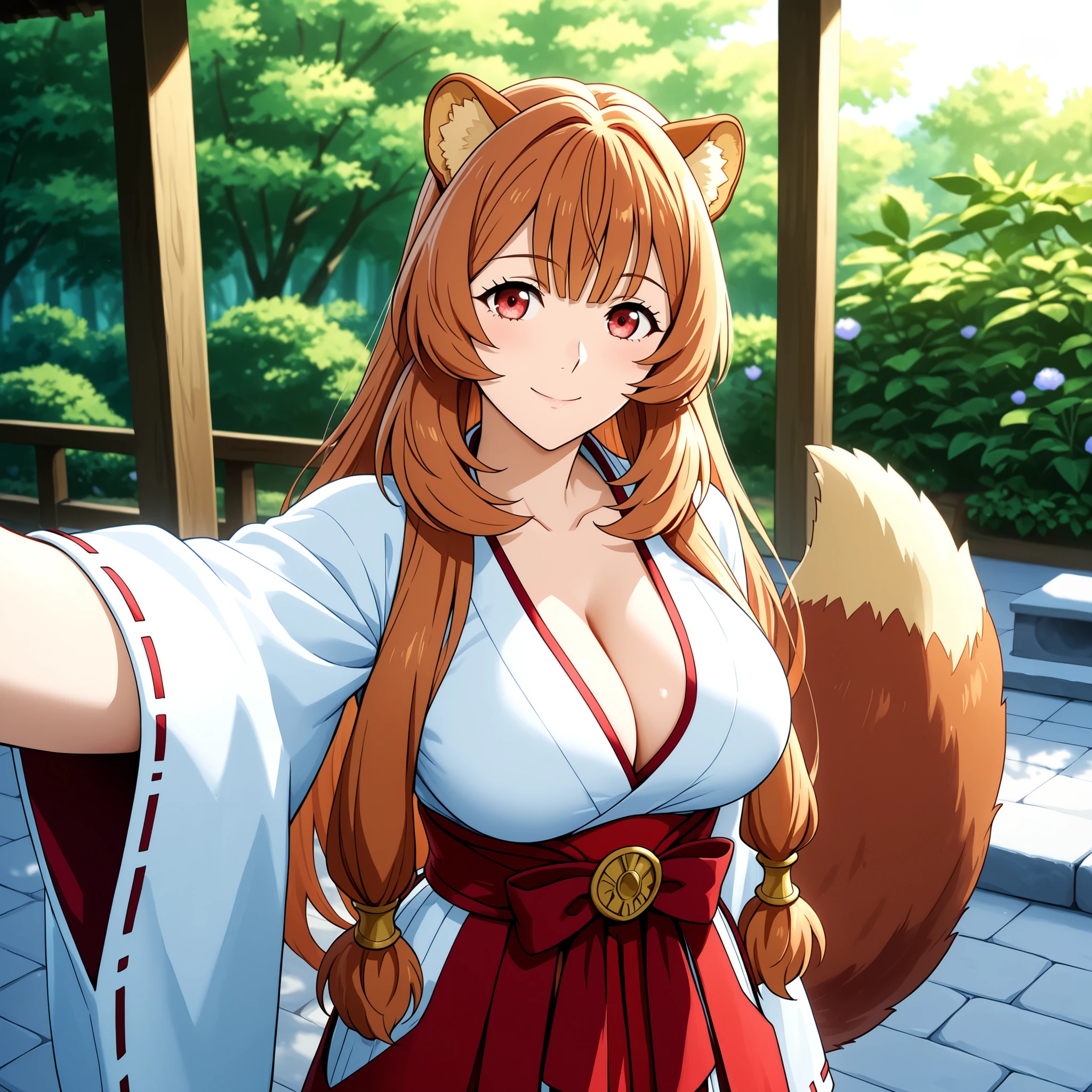 Raphalia , Tate no Yuusha no Nariagari, raccoon ears. round red eyes orange hair with rounded animal ears and fluffy tail, fair skin slender figure and big breasts. She wears Miko outfit Raje de Saserdotisa.  WHITE AND RED. Background a Japanese garden , Highly detailed anime art, vibrant lighting, and smooth , glossy skin. smile . selfie.