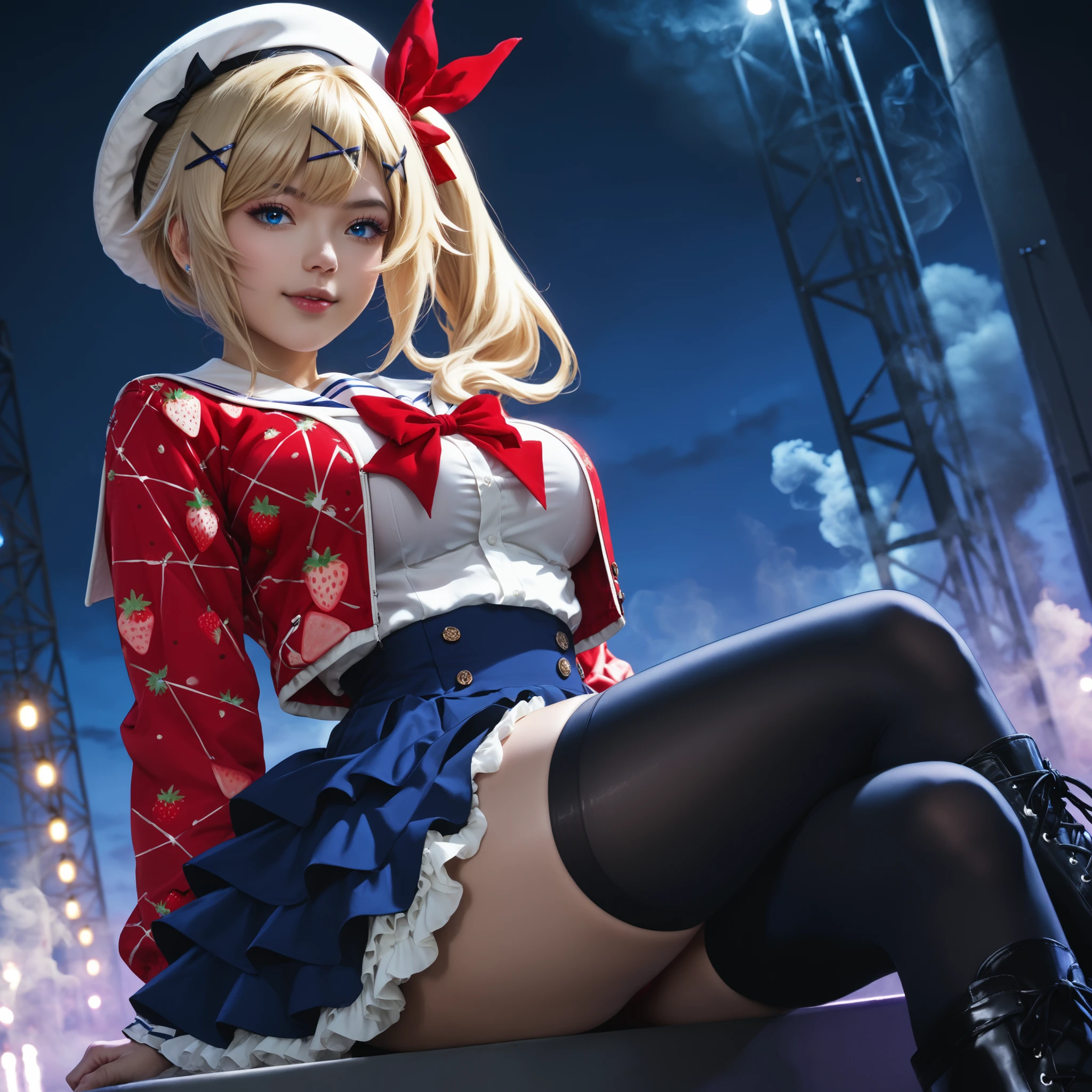 score_9, photorealistic, hyper realistic, ultra detailed, high quality. nukui hayu, ochikobore fruit tart, asian woman, blonde hair, long hair, side ponytail, hair ribbon, x hair ornament, hat, white headwear, blue eyes, thin eyebrow, blonde eyebrow, fang, big breasts, thin waist, wide hips, white shirt, red jacket, long sleeves jacket, print jacket, strawberry print, white shirt, white sailor collar, red bowtie, blue skirt, frilled skirt, layered skirt, black thighhighs, knee boots. night, idol show stage, colorful lights, smoke. sitting. cinematic lighting, soft light.