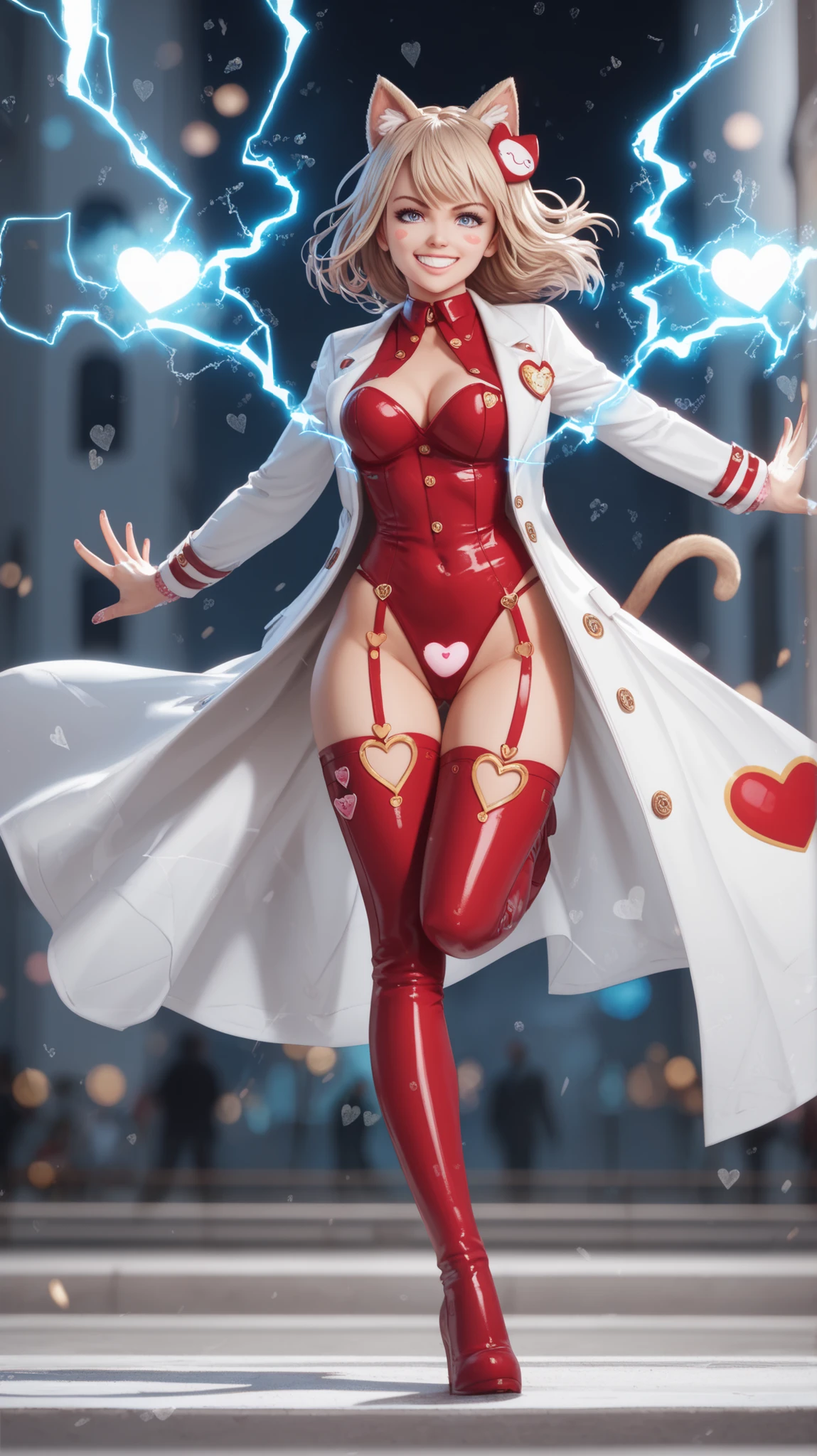 girl dynamic pose, idol face, shinning, speedy motion, motion line, detailed, professional quality, deep depth glitter bokeh, dynamic shot, shooting souls, shinning electricity hands, magic power, fantasy, high speed arms, at glass prison, in future, heart high leg panties, cat ear ornament on head, transparent long coat, lot of heart stickers on full body, stickers hide breasts and ass, perfect safe, lot of straps on full body, moody lighting, wind, red thigh boots, grin smile, outdoor, (((dynamic detailed close up))), she through lot of punch,